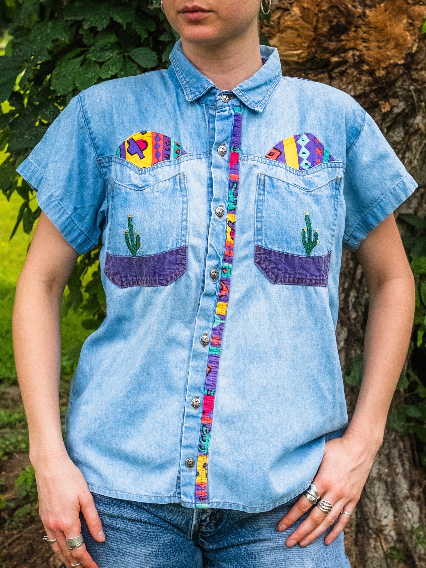 Vintage 1980s/90s Southwestern Cactus Embroidered Denim Shirt | Medium