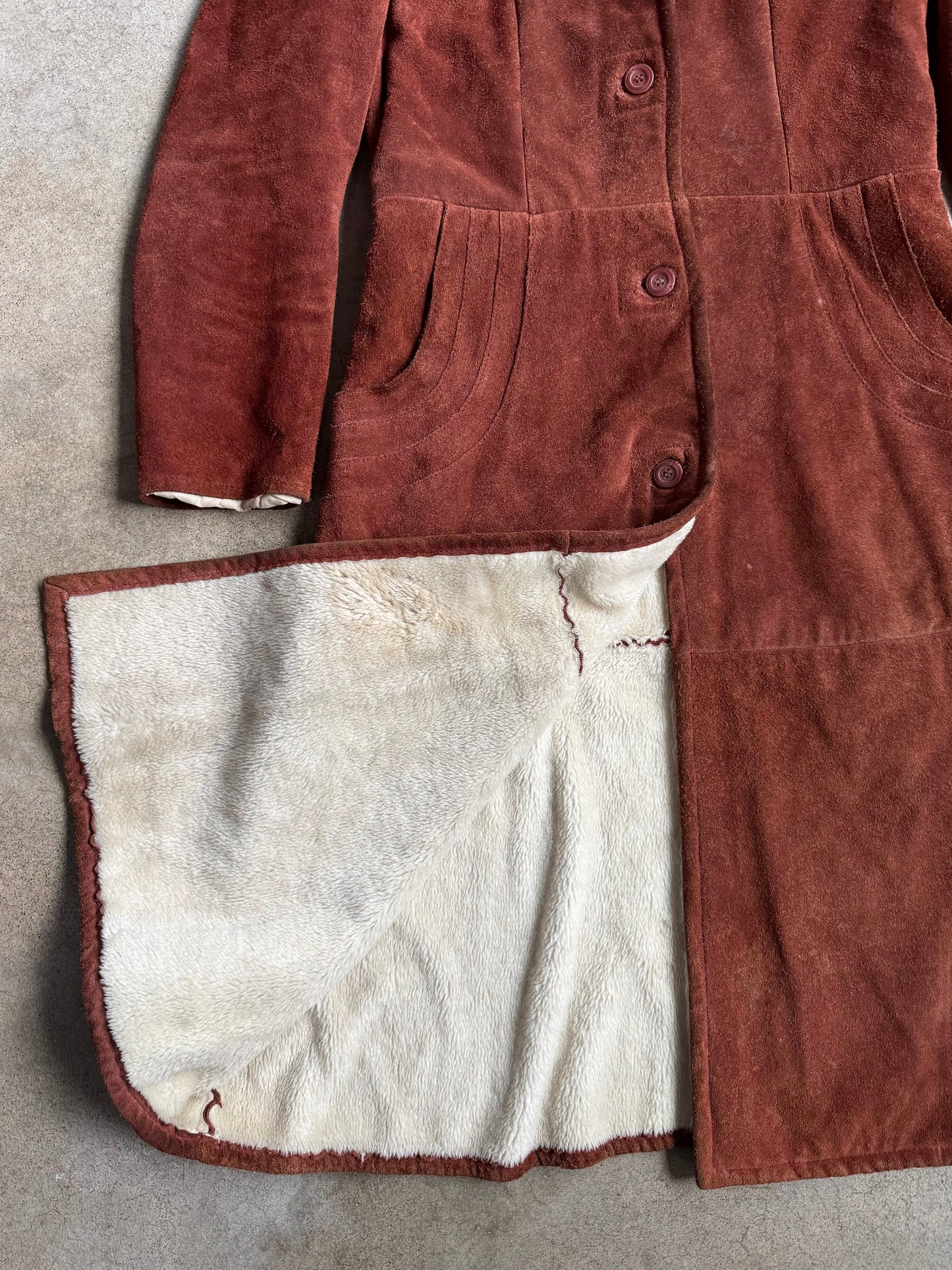 Vintage 1970s Berman’s Brown Suede Lamb Fur Trim Hooded Overcoat | Medium