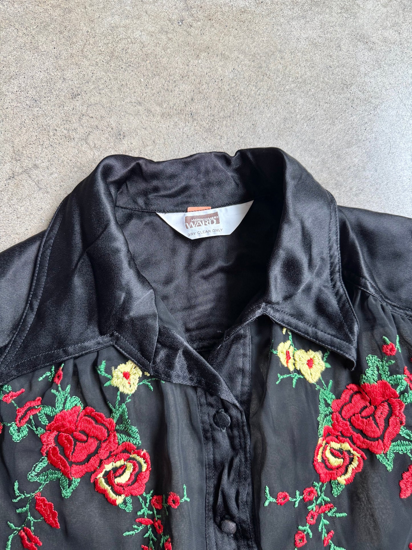 Vintage 1970s/80s Montgomery Ward Black Sheer Floral Embroidered Blouse | L/XL