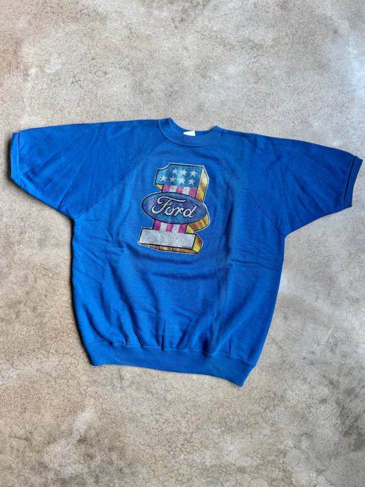 Vintage 1978 Ford Glitter Graphic Blue Short Sleeve Sweatshirt | XL