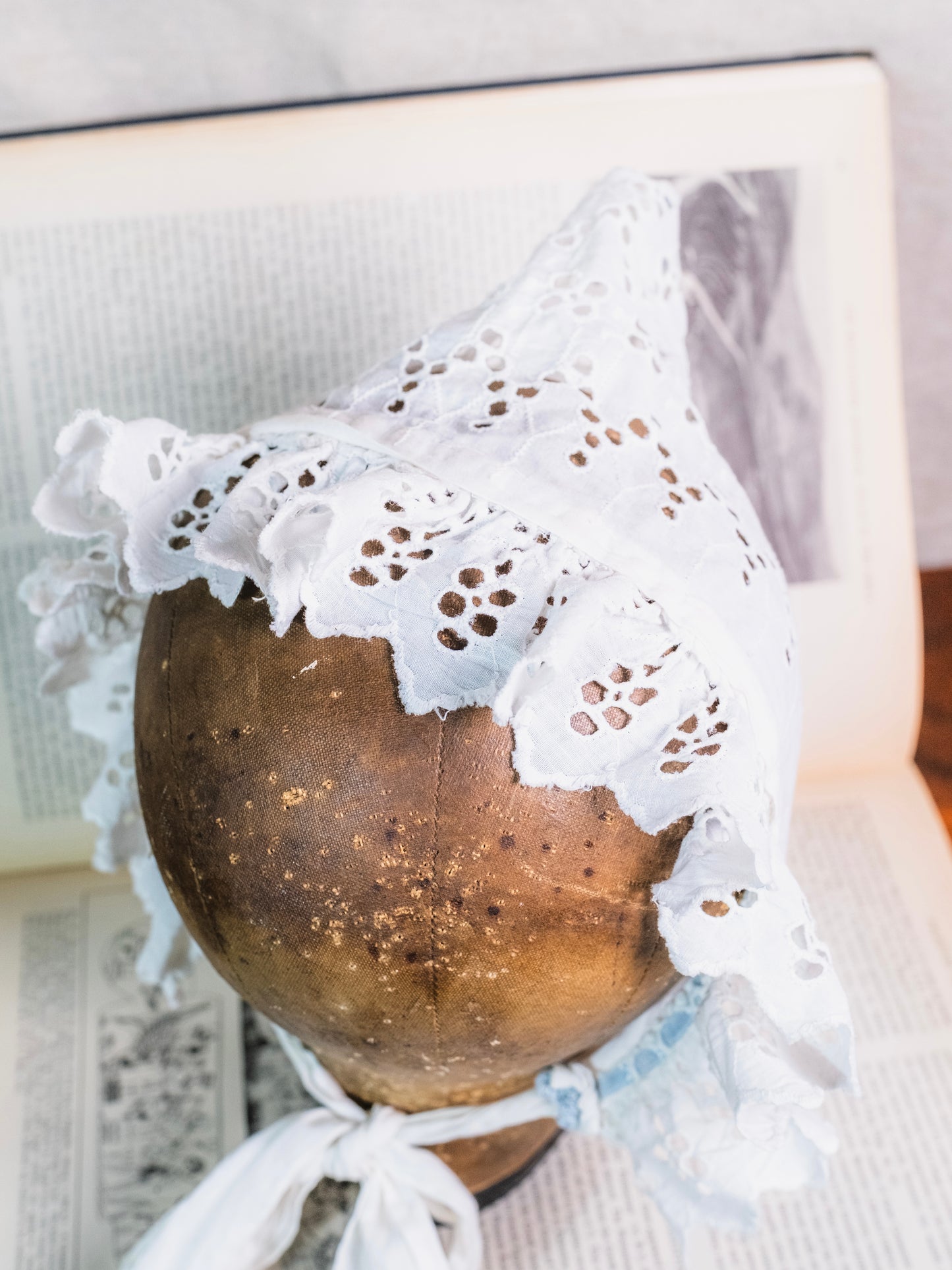 Victorian Handmade White Cotton Eyelet Bonnet