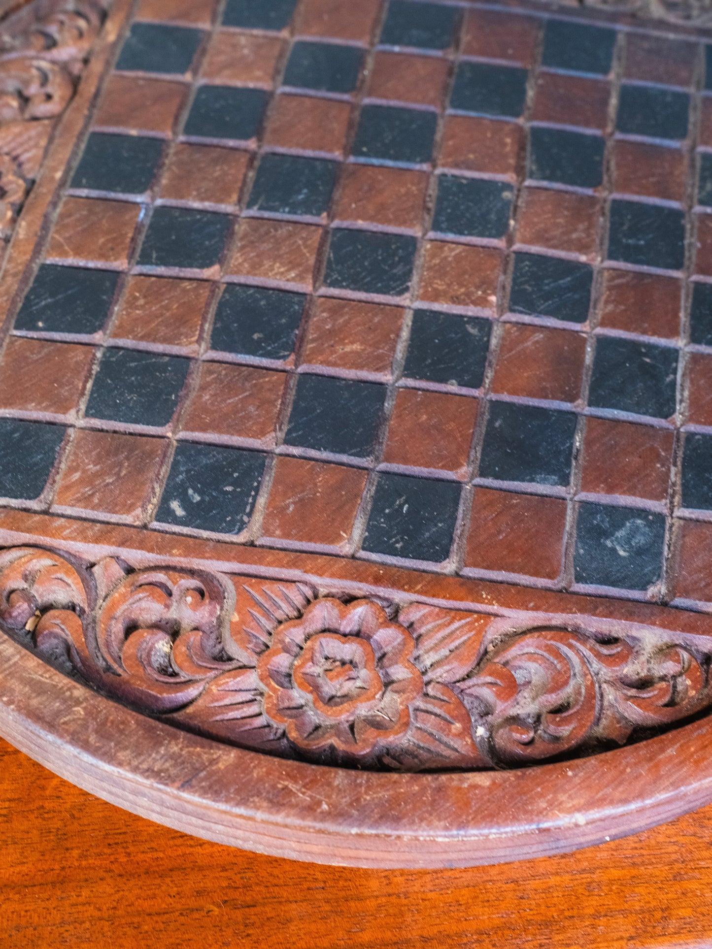 Vintage 1960s Round Ornate Wood-Carved Chess Board