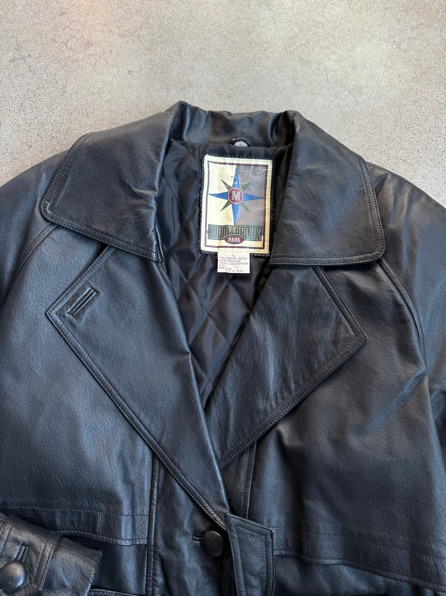 Vintage 1980s Middlebrook Park Black Leather Belted Coat | Large