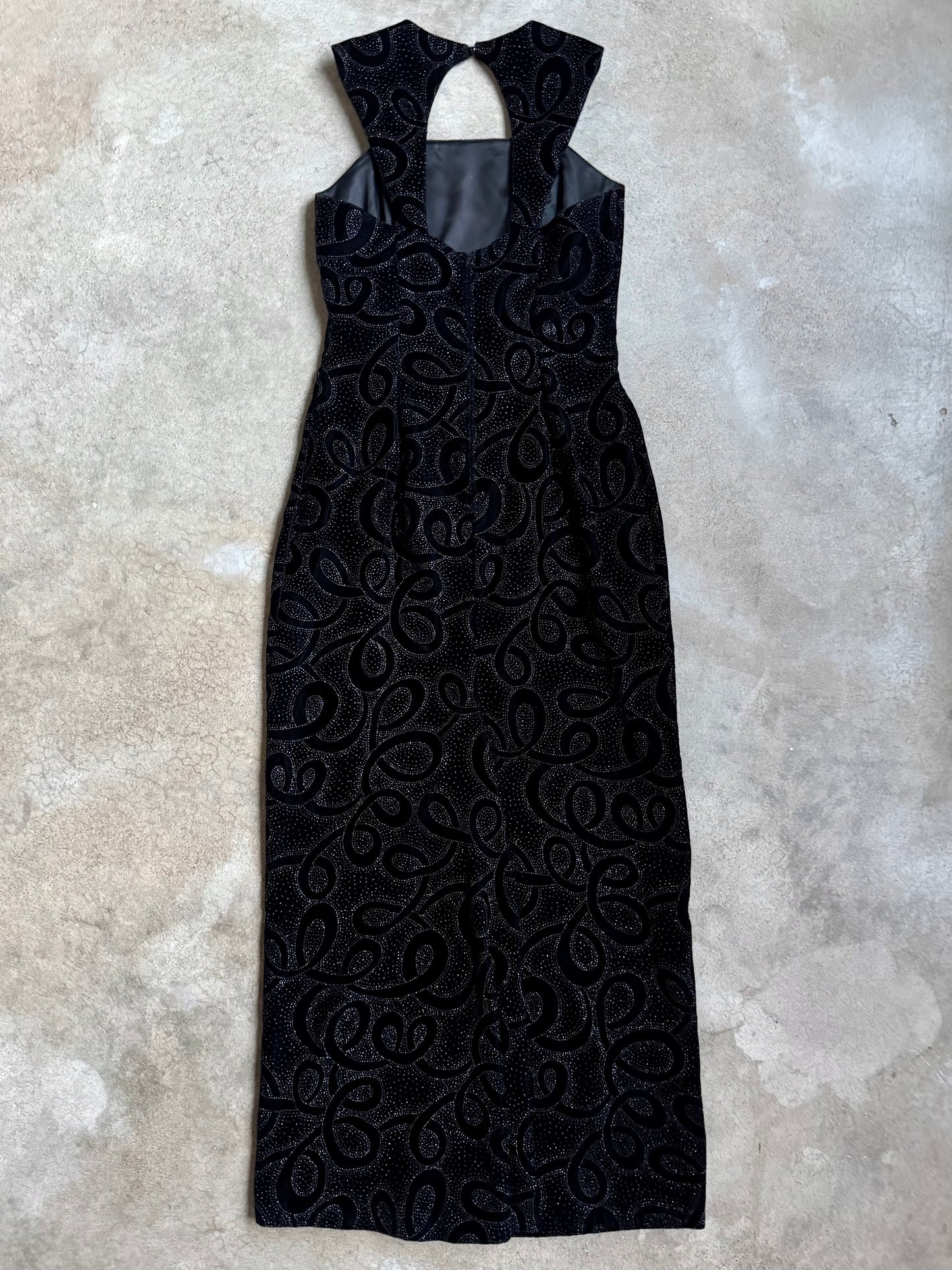 Vintage 1990s Scott McClintock Black Sparkly Velvet Formal Dress | 10
