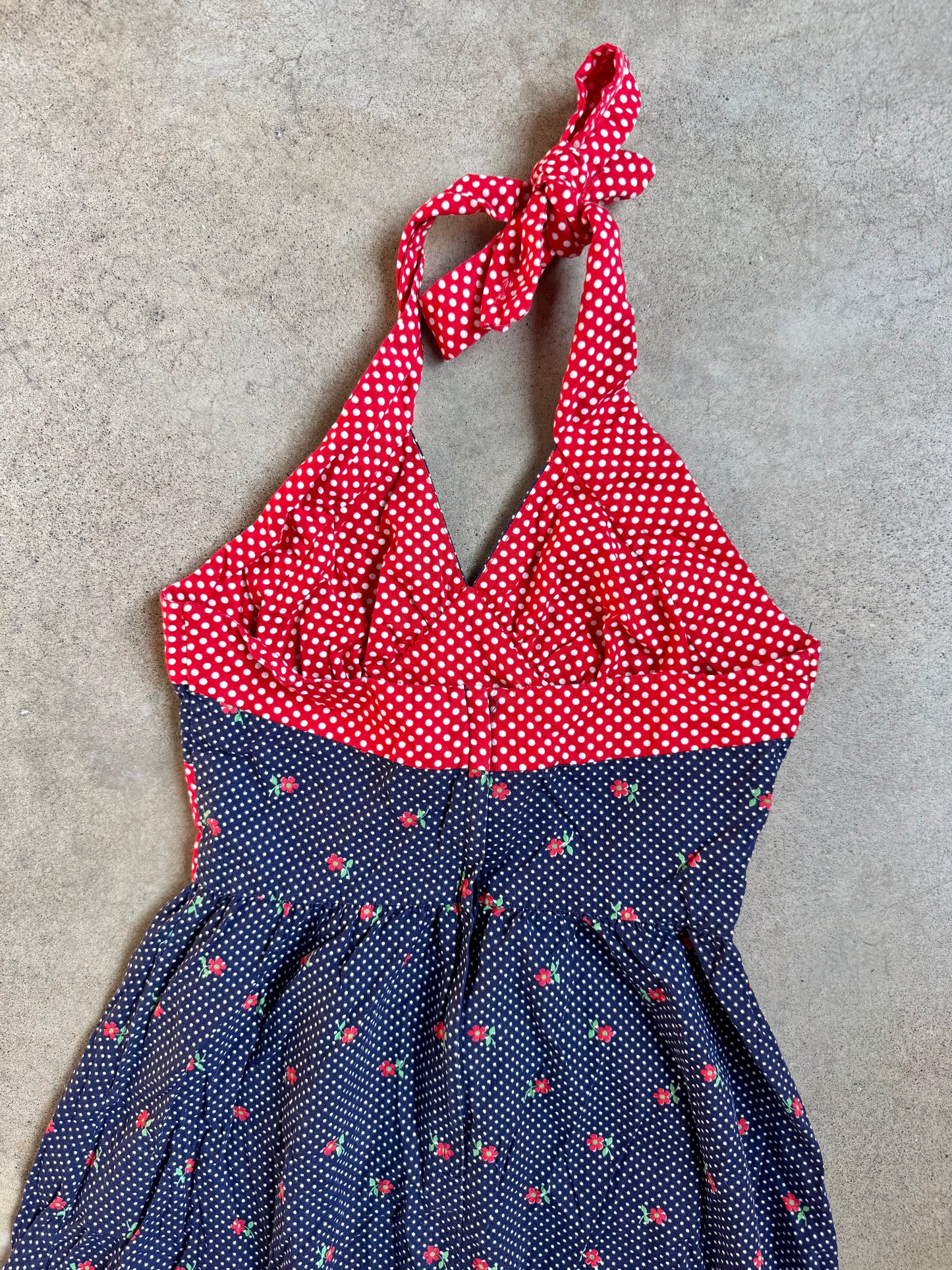 Vintage 1970s Red & Navy Polka Dot Floral Print Halter Maxi Dress | XS/S