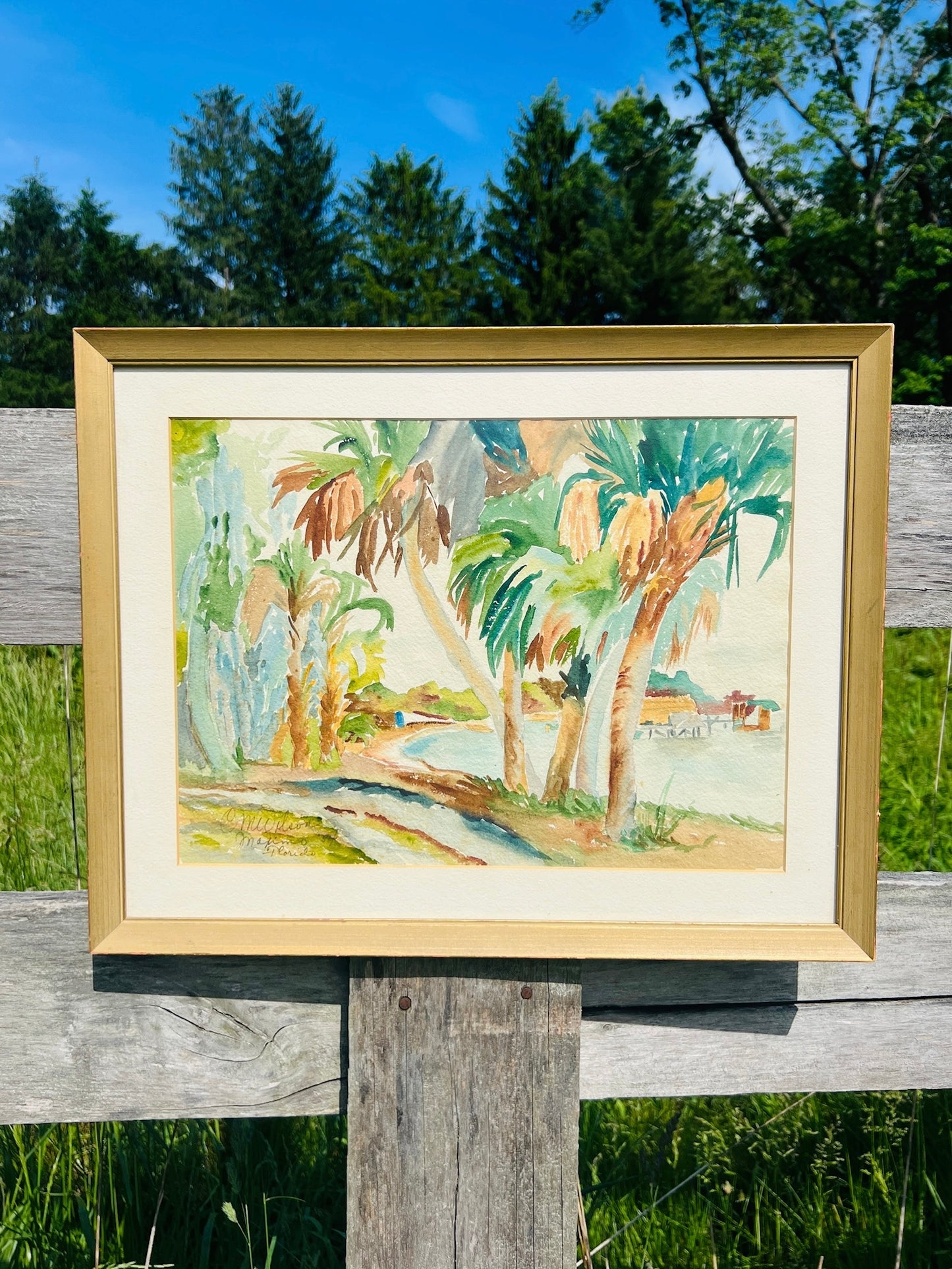 Vintage 1980s Framed & Signed Maximo Beach Florida Watercolor Artwork