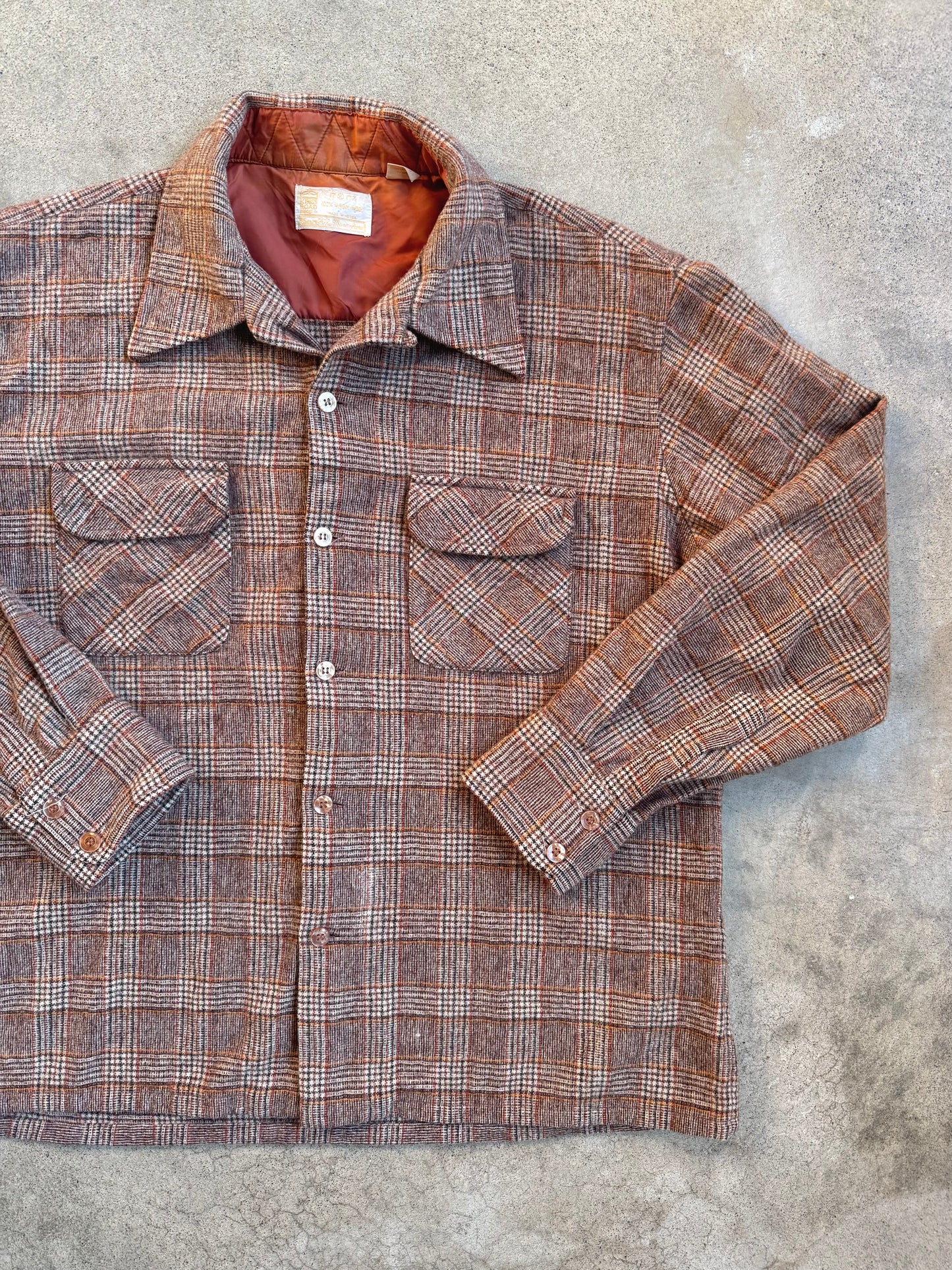Vintage 1970s Sears Brown Plaid 100% Wool Flannel Shirt | XL