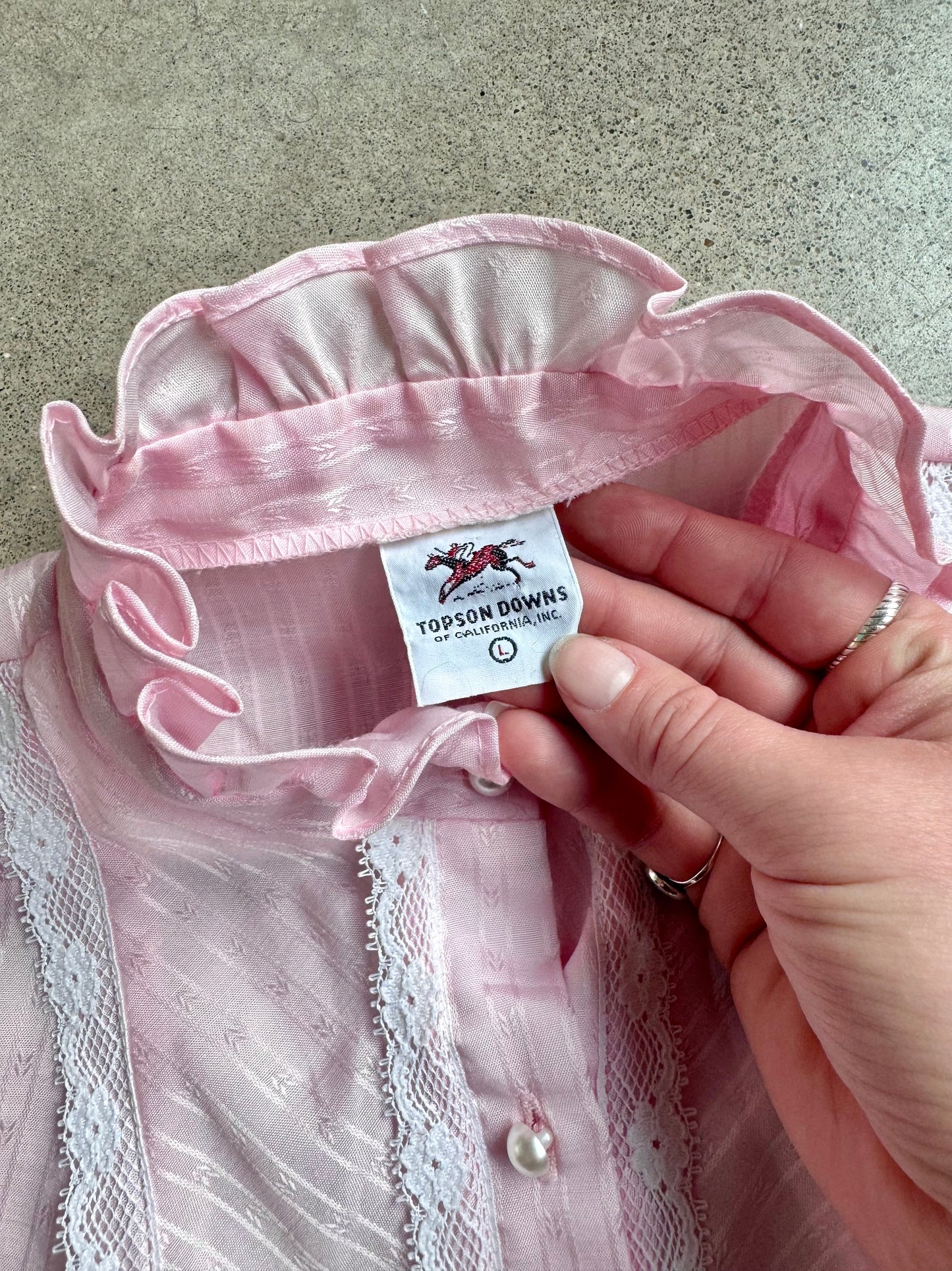 Vintage 1970s Topson Downs California Pink Lace Trim Ruffle Blouse | Large