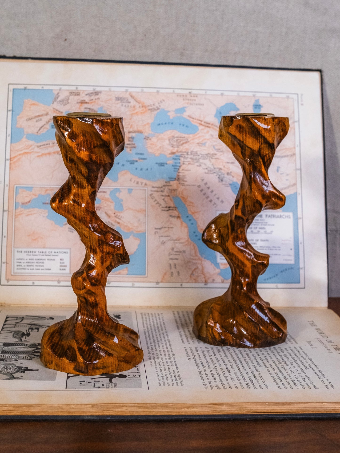 Vintage Hand-Carved Twisted Wood Candlestick Holders | Set of 2