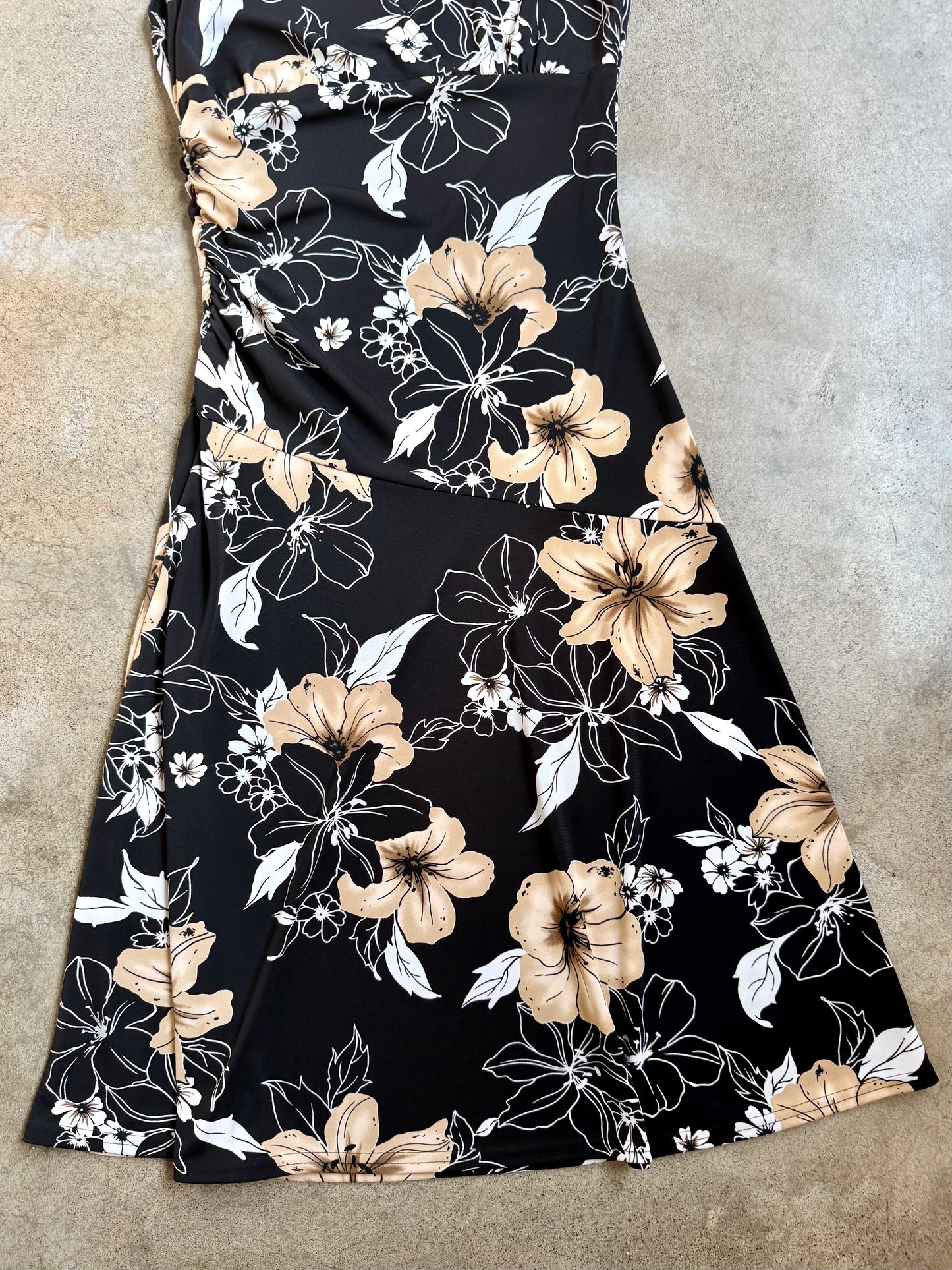 Vintage 1990s Byer Too! Black & Tan Floral Print Sleeveless Midi Dress | Large