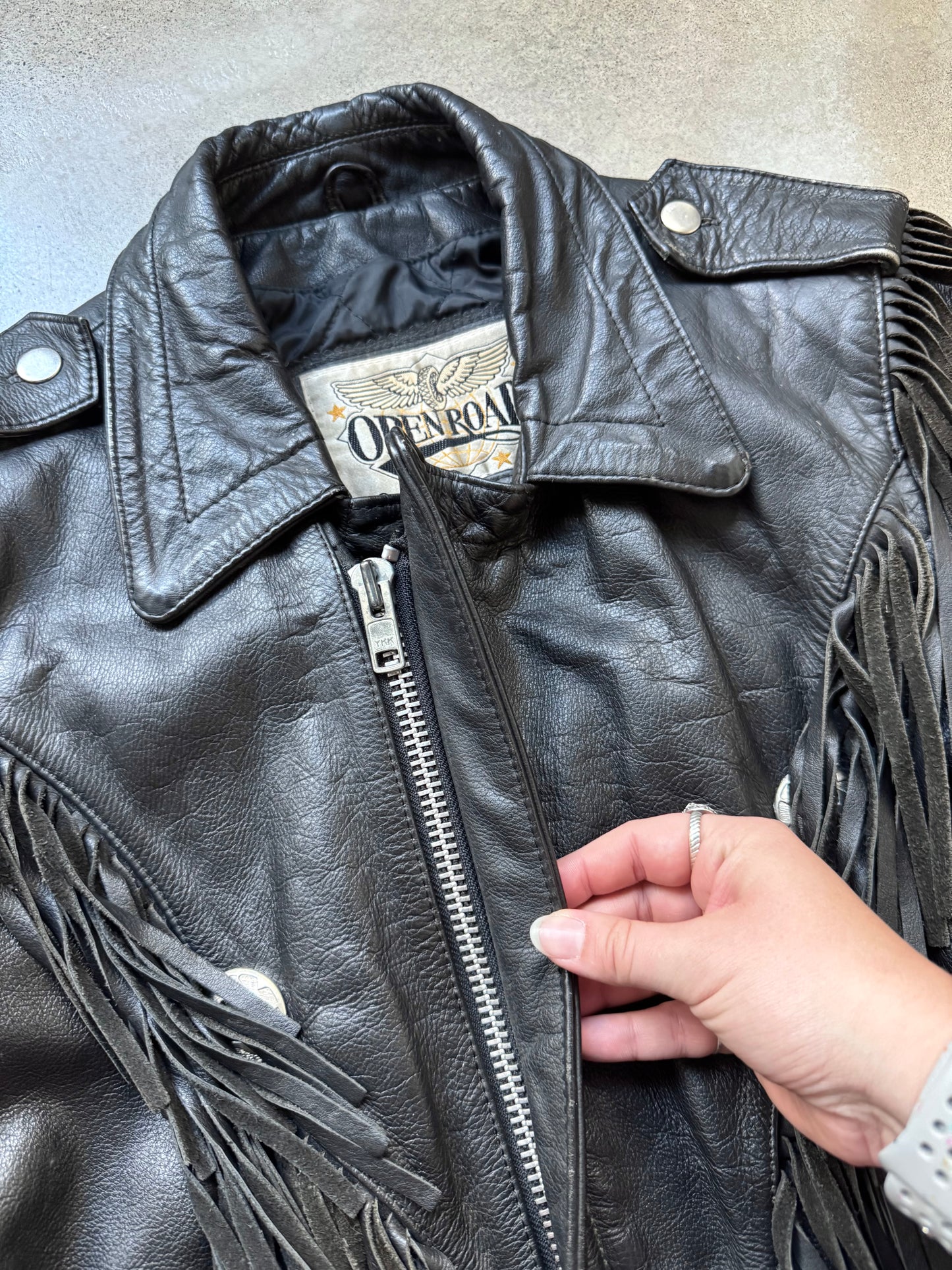 Vintage 1980s Open Road Black Leather Western Fringe Biker Jacket | 40