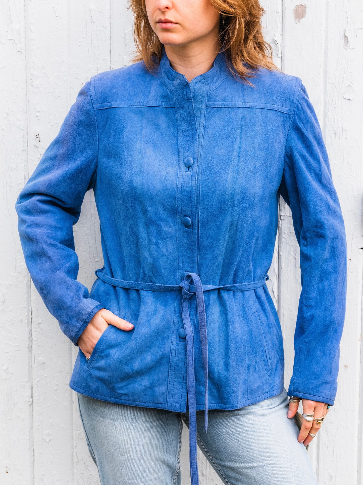 Vintage 1970s Caroline Goodman Blue Suede Leather Jacket | Medium