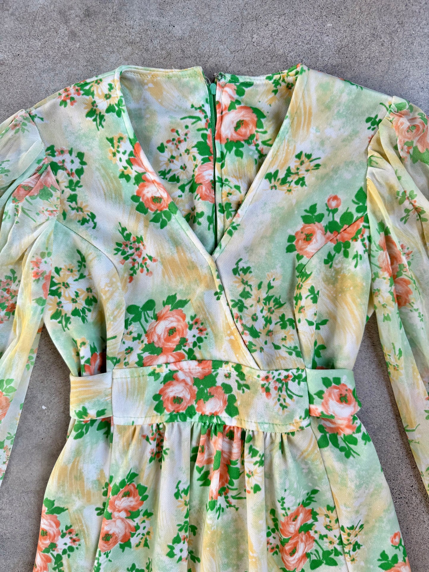 Vintage 1970s Green & Orange Floral Print Ruffle Sleeve Maxi Dress | Small