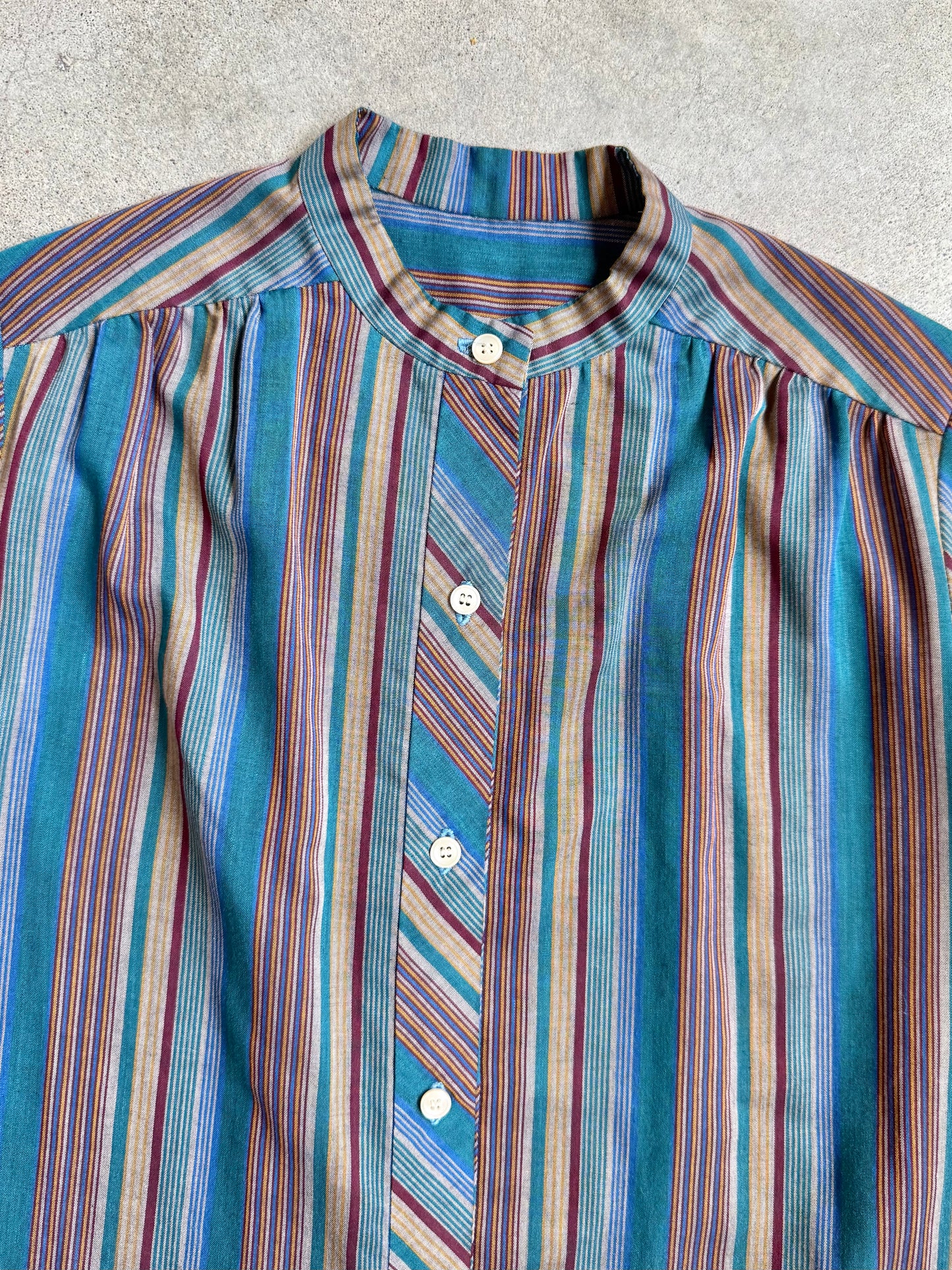 Vintage 1980s Cool-Tone Striped Band Collar Blouse | Medium
