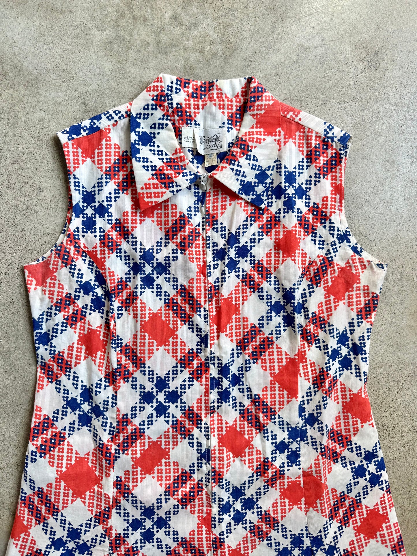 Vintage 1960s British Lady Red & Blue Floral Plaid Collared Dress | Large