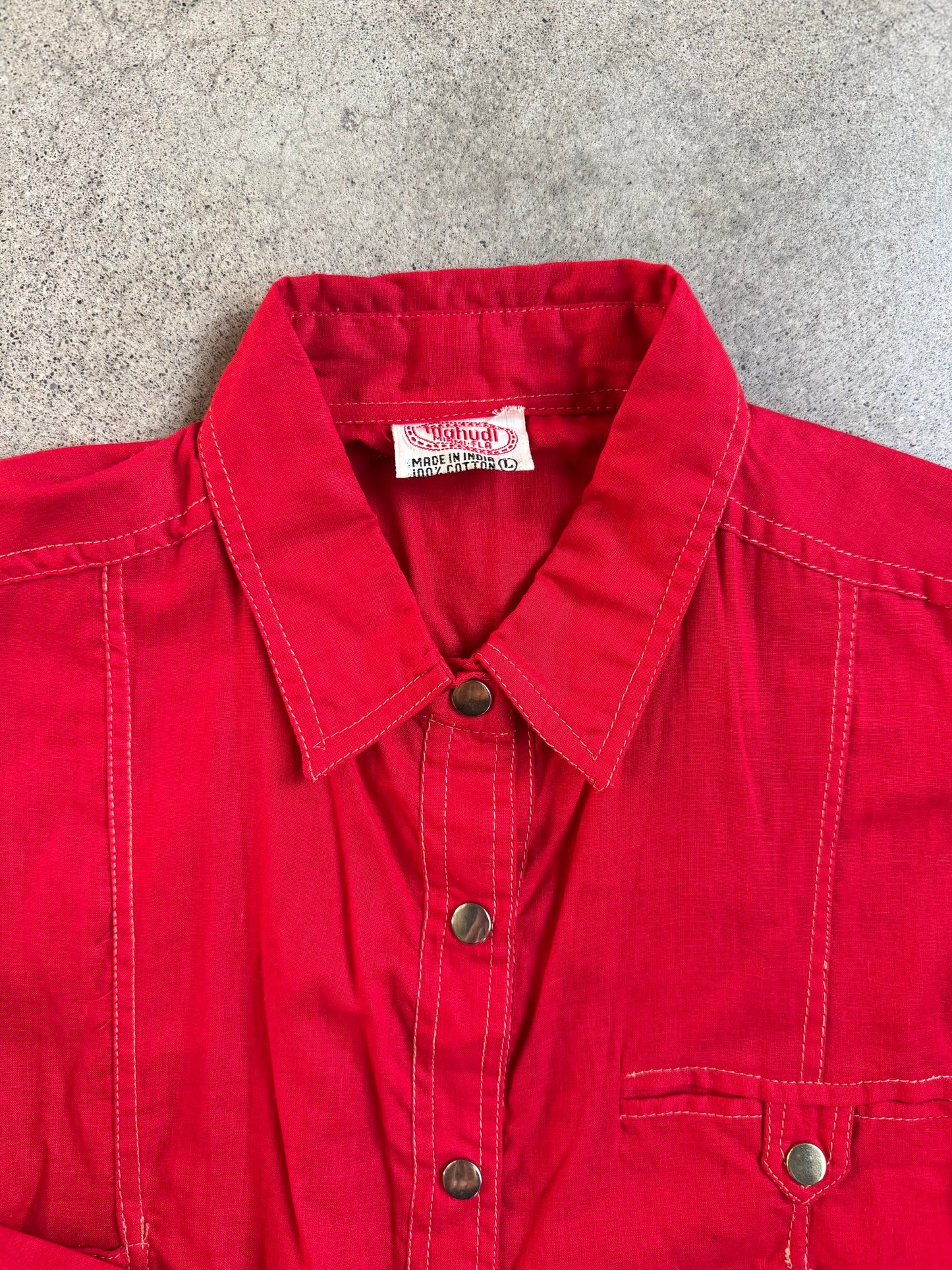 Vintage 1970s Mahudi Miami Red Cinch Waist Belt Cotton Shirt | Large