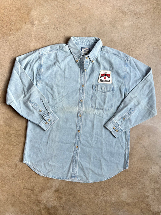 Vintage 1990s Lee Light Wash Denim Shirt w/ Firebird Patch | Large