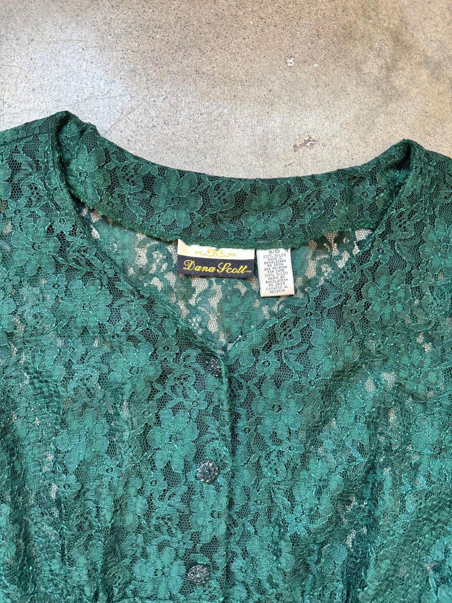 Vintage 1980s Dana Scott Green Floral Lace Button-Front Long Sleeve Maxi Dress | Medium