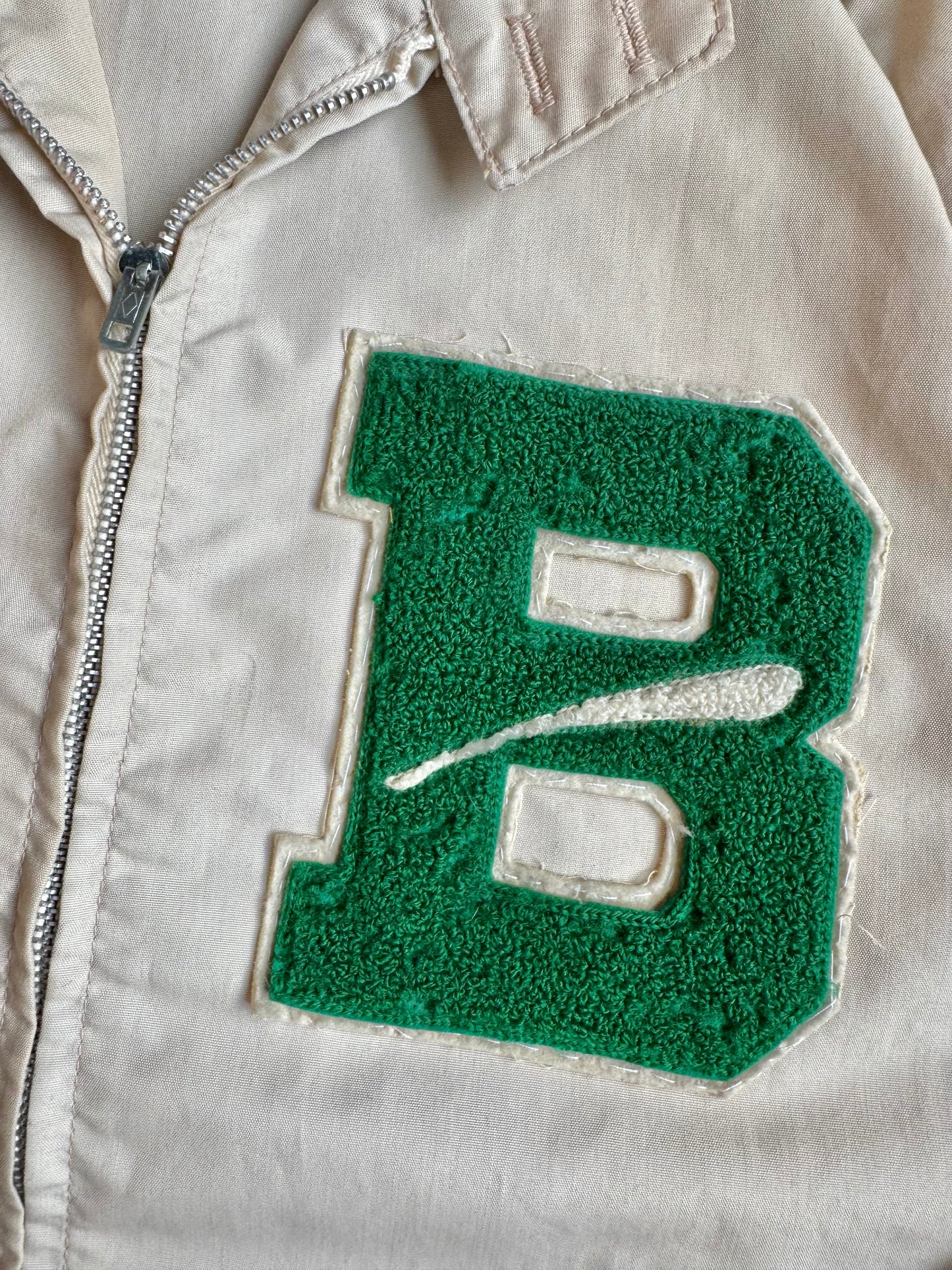 Vintage 1960s Beige Varsity "B" Patch Zip-Up Jacket | Medium