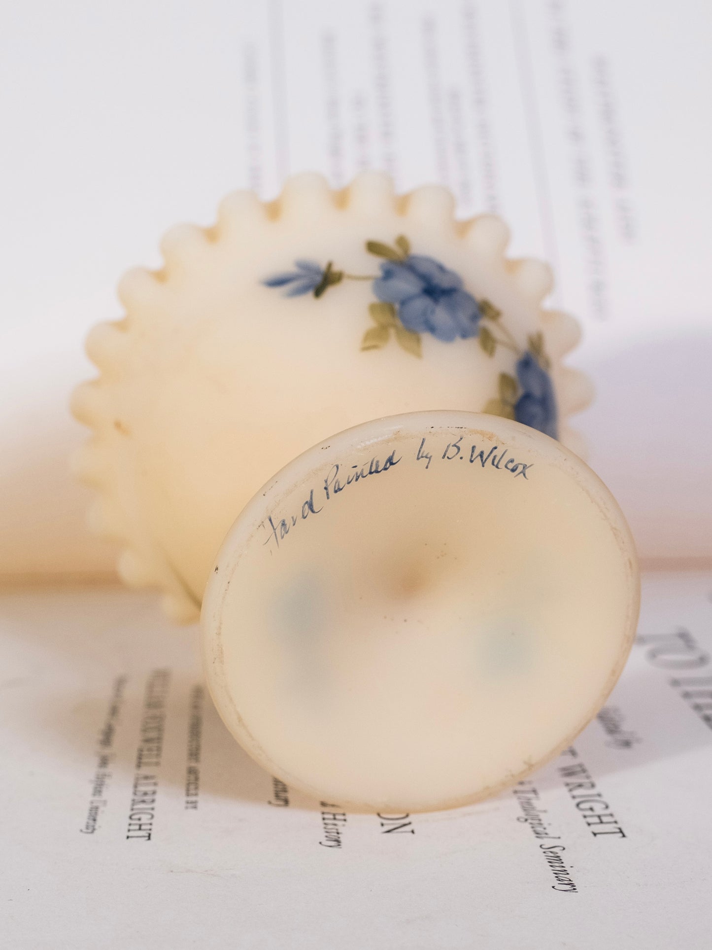 Vintage 1960s Fenton Hand-Painted Custard Satin Compote Pedestal Dish | Signed