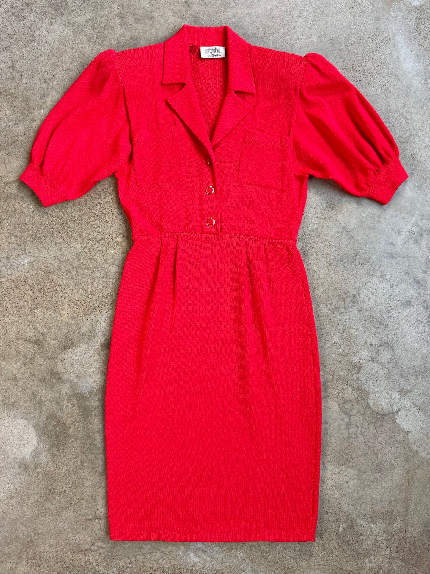 Vintage 1980s St. John for Saks Fifth Ave. Red Puff Sleeve Button-Front Knit Dress | S/M
