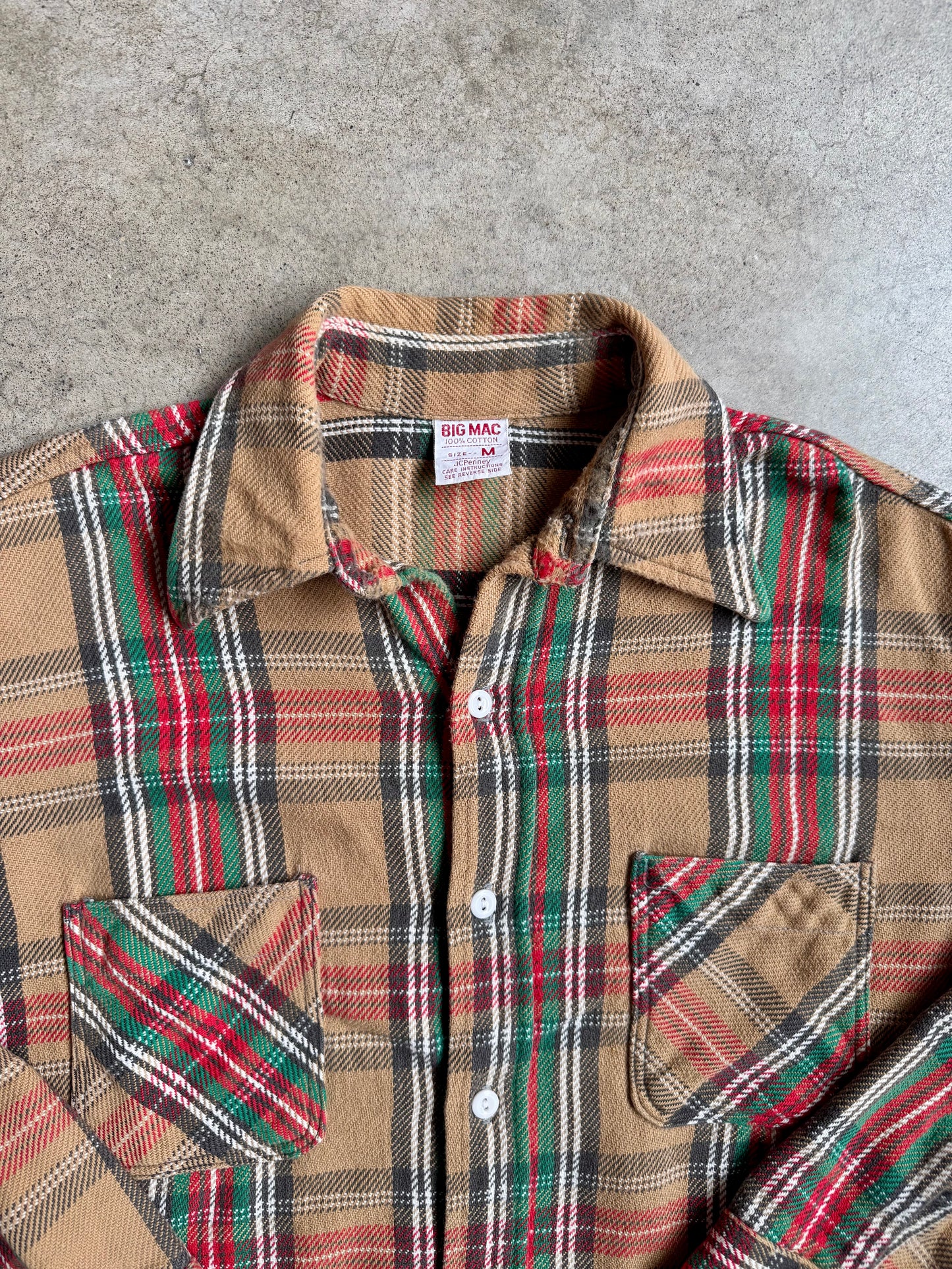 Vintage 1960s Big Mac Tan Plaid Woven Cotton Button-Up Shirt | Medium