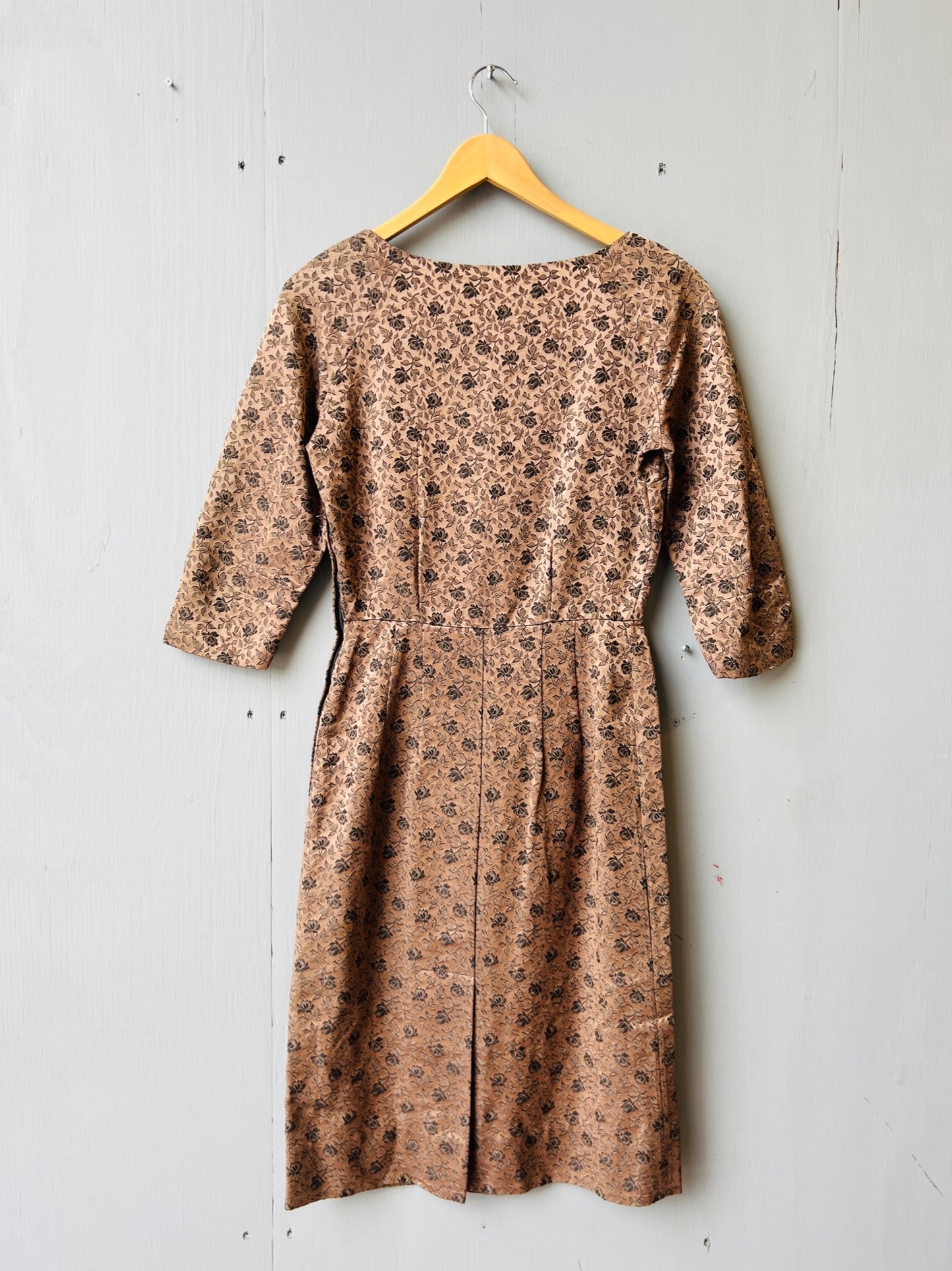 Vintage 1950’s Handmade Brown & Black Floral Scoop Neck Dress