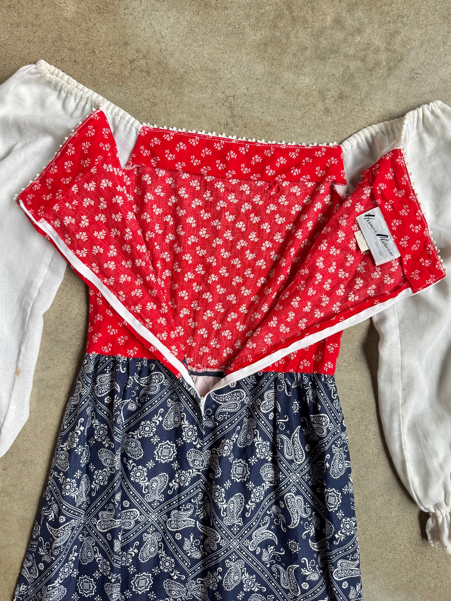 Vintage 1970s Herman Marcus Red & Blue Bandana Floral Prairie Dress | Small