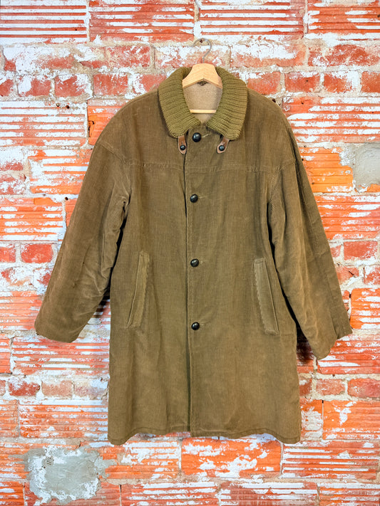Vintage 1970’s/80s Green Corduroy Lined Knit Collar Button Down Chore Overcoat