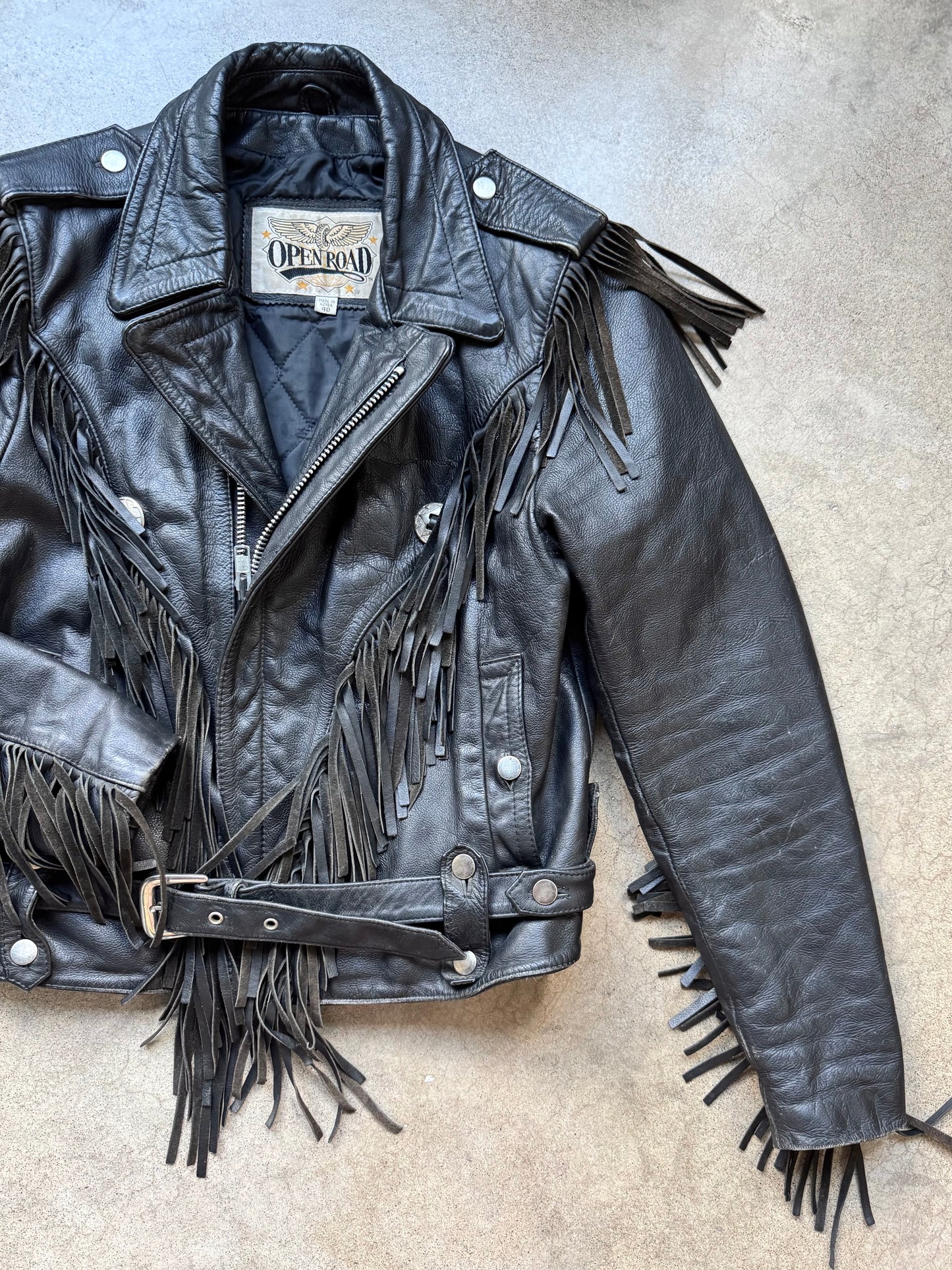 Vintage 1980s Open Road Black Leather Western Fringe Biker Jacket | 40
