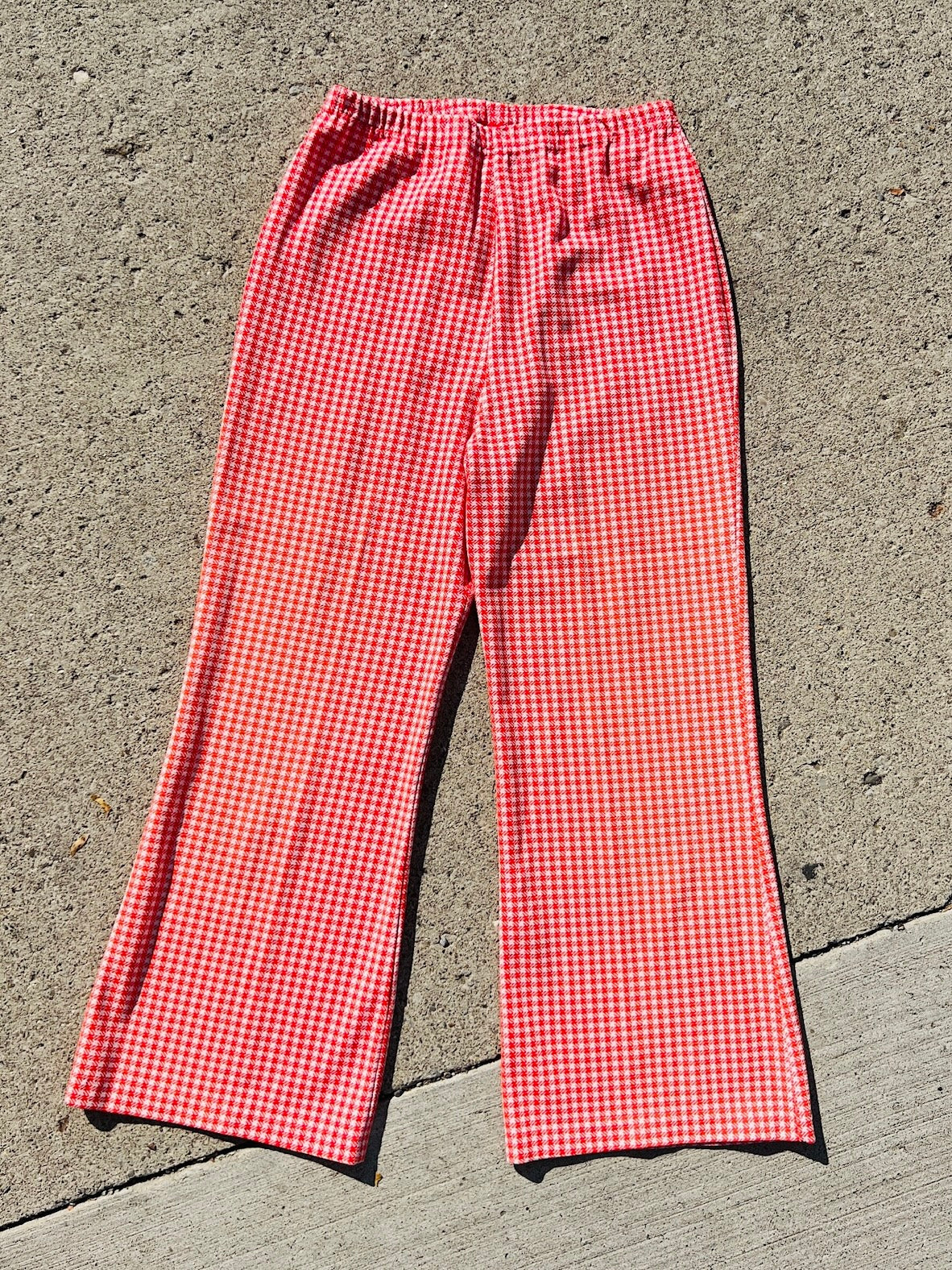 Vintage 1970s Dutchmaid Red Gingham Polyester Flared Pants | Large