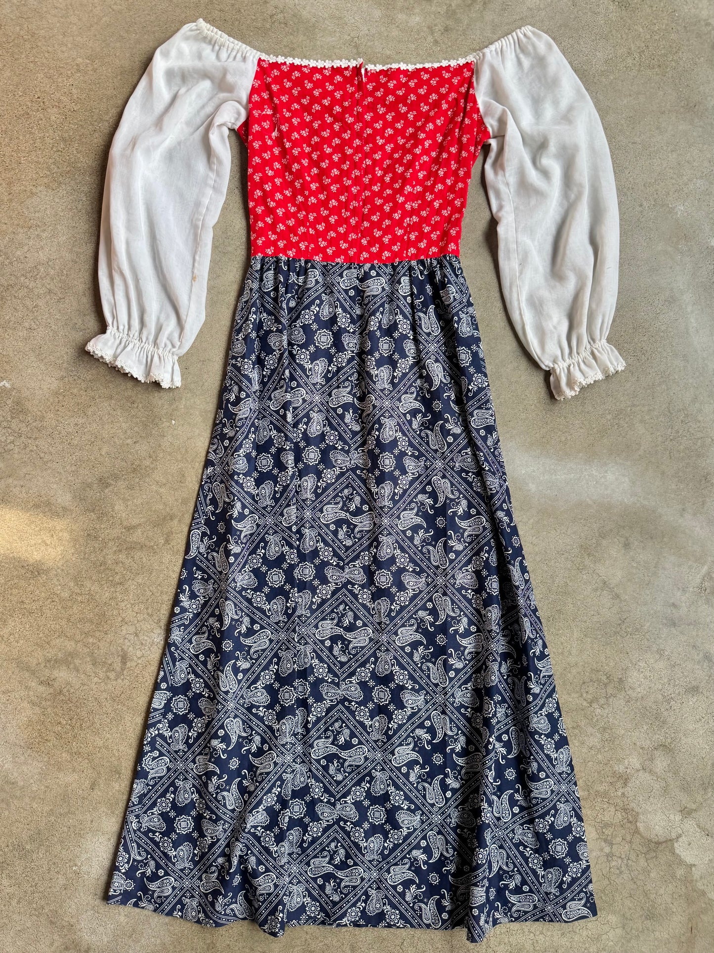 Vintage 1970s Herman Marcus Red & Blue Bandana Floral Prairie Dress | Small
