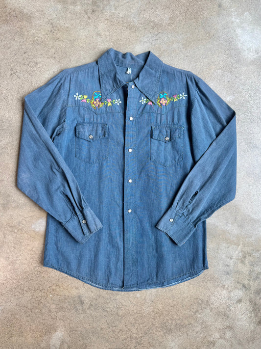 Vintage 1970s Floral Embroidered Pearl Snap Western Shirt | M/L