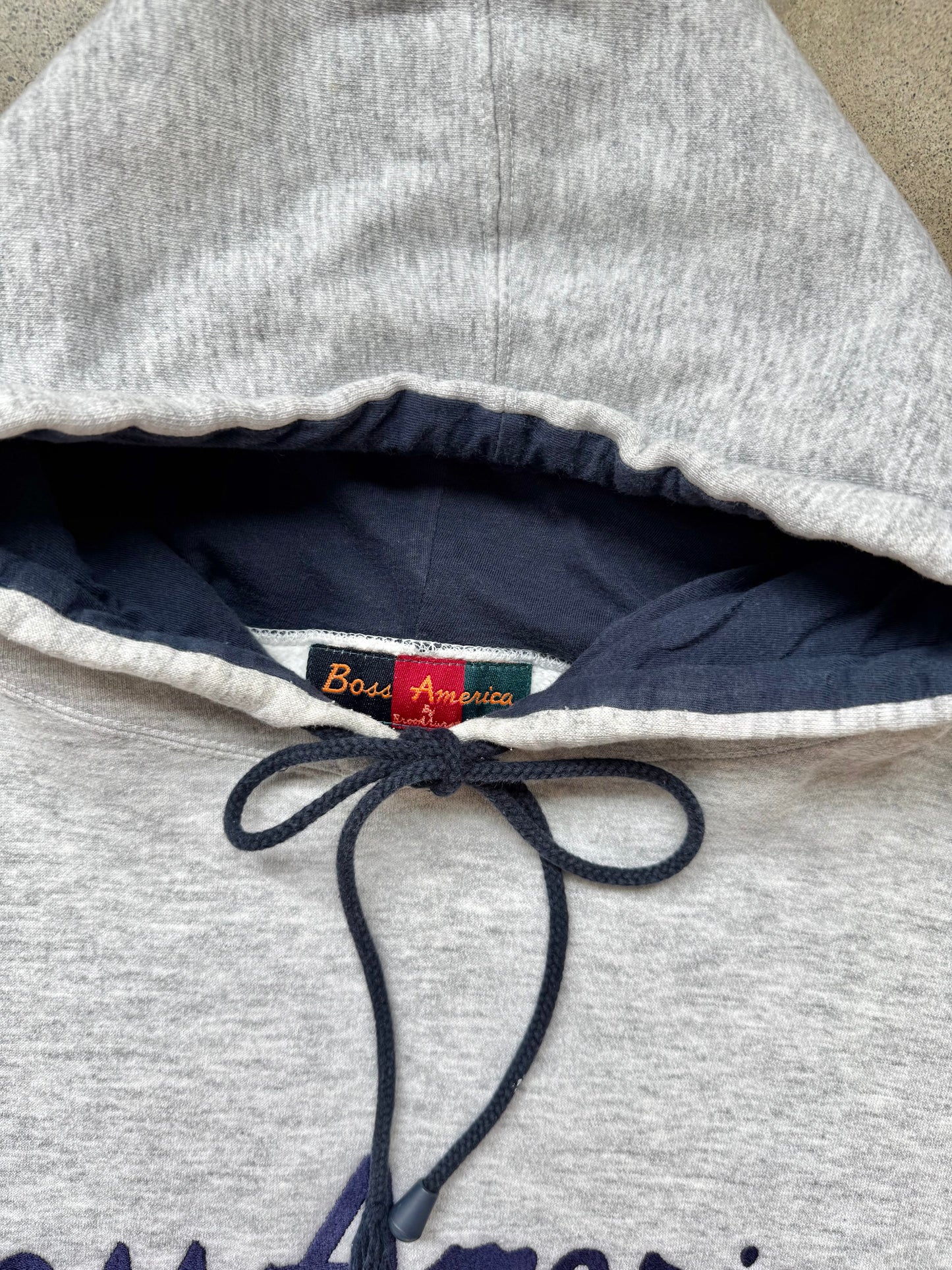 Vintage 1990s Boss America Grey & Navy Hoodie Sweatshirt | Medium