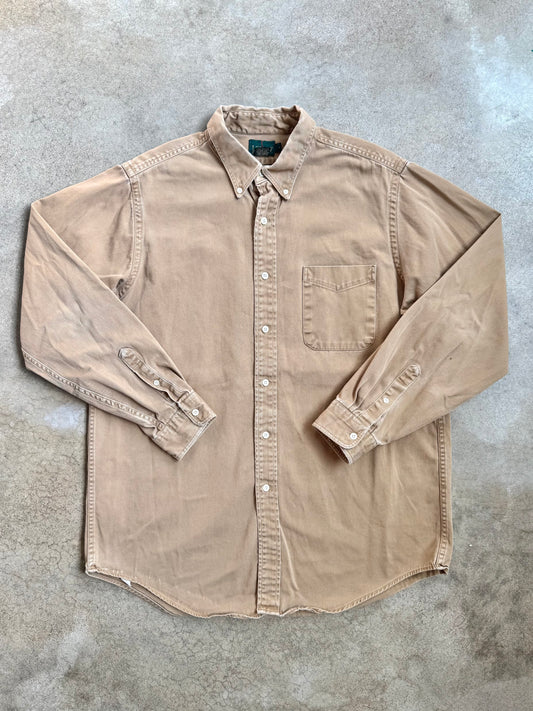 Vintage 1990s J. Crew Brown Cotton Twill Button-Down Shirt | Large