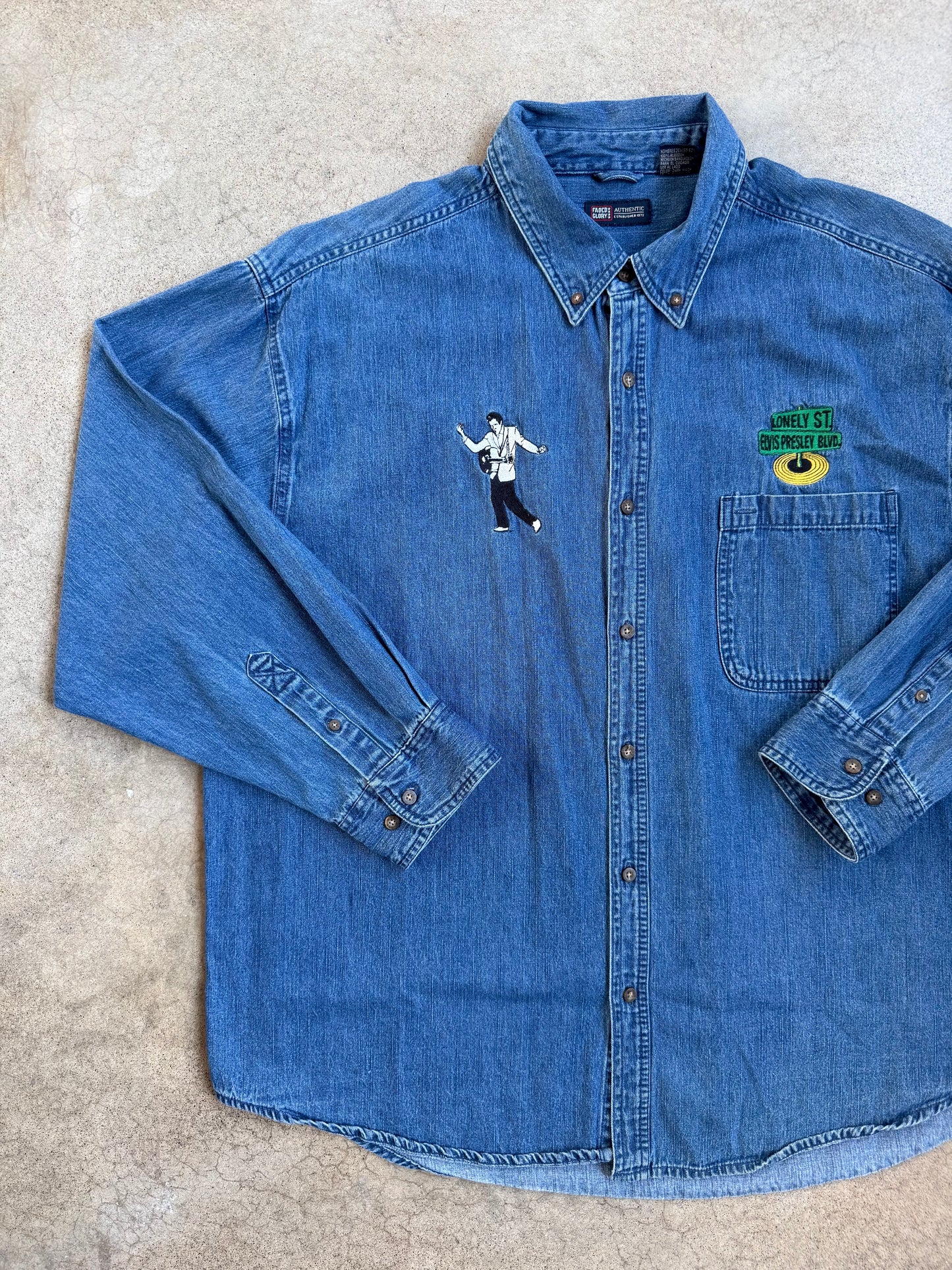 Vintage 1990s Elvis Presley "Treat Me Nice" Embroidered Denim Shirt | XXL