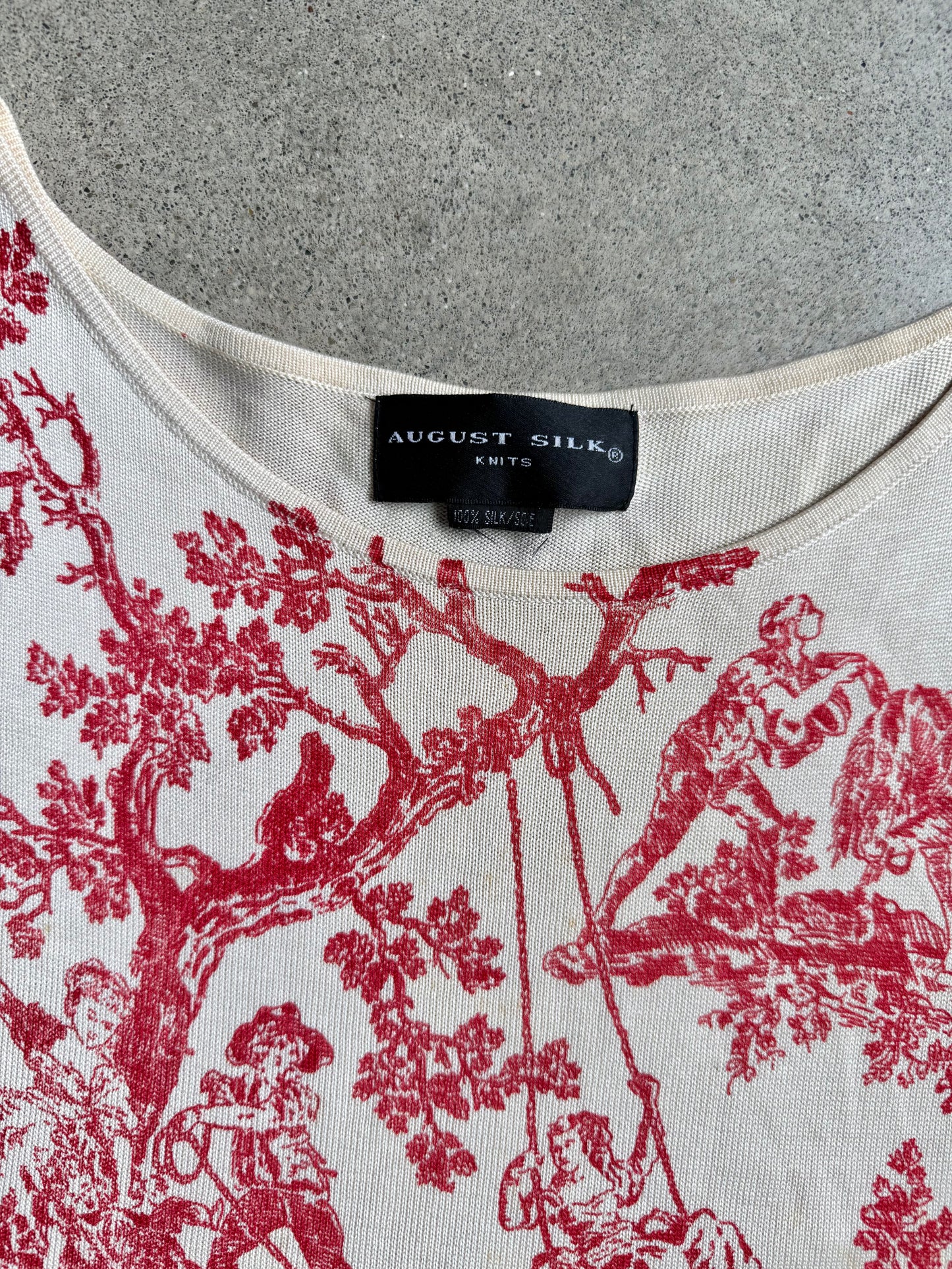 Vintage 1990s August Silk Red & Cream Toile Print 100% Silk Knit Tank Top | Medium