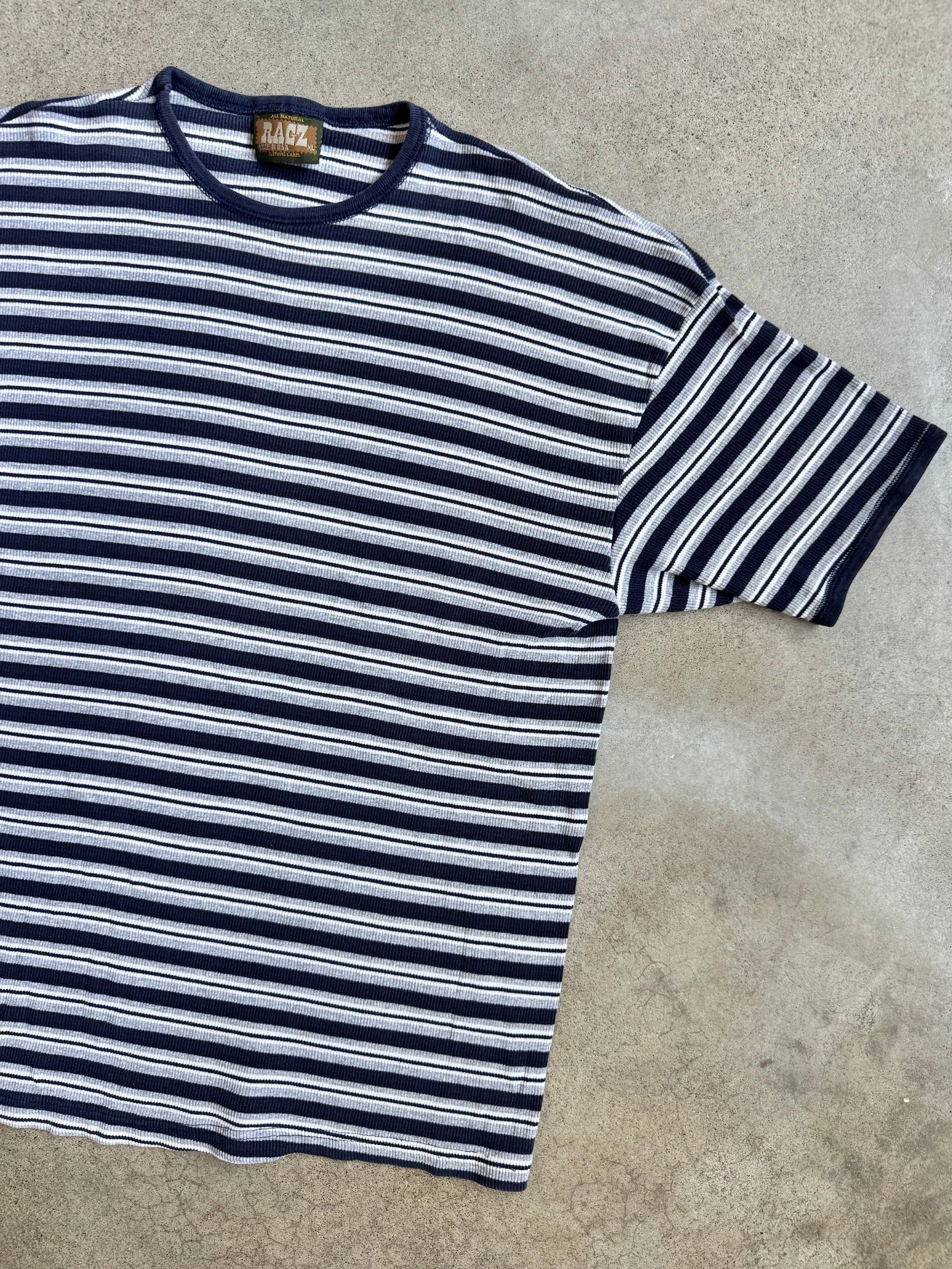 Vintage 1990s Ragz Navy Blue Striped Cotton Ribbed Tee | XL