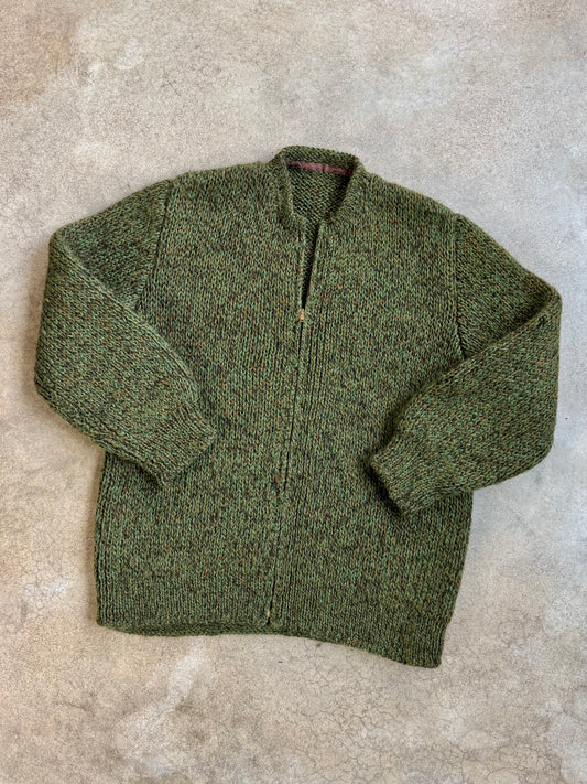 Vintage 1960s Hand-Knit Green Speckled Zip-Up Sweater Jacket | L/XL
