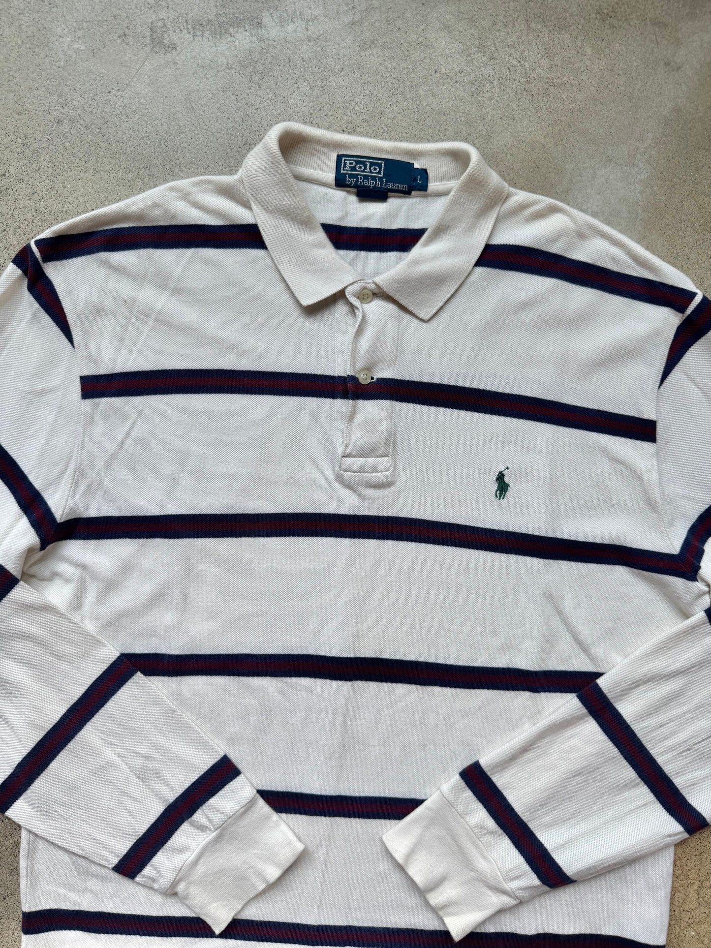Vintage 1990s Polo Ralph Lauren Rugby Stripe Long Sleeve Polo Shirt | Large