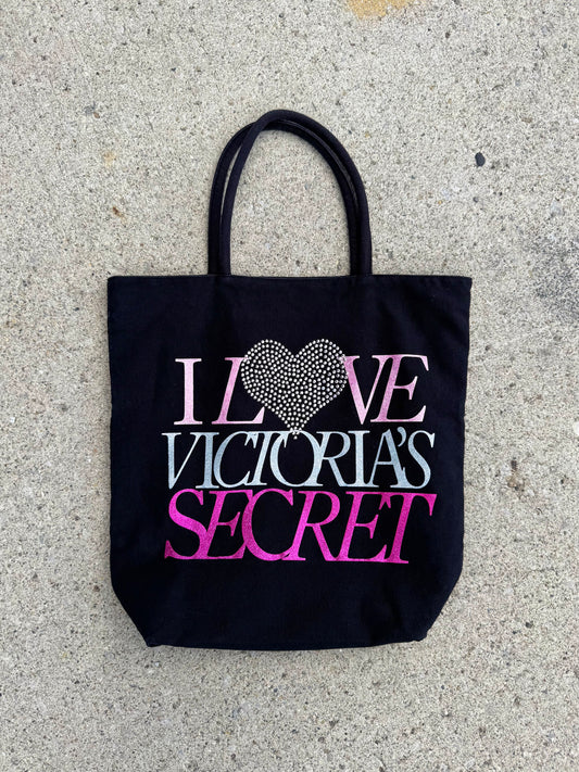 2000s "I Love Victoria’s Secret" Black Rhinestone Tote Bag