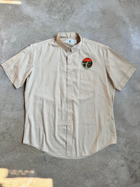 Vintage 1960s Friar Tuck Tan Short Sleeve Shirt w/ WIBC Bowling League Champ Patch | XL