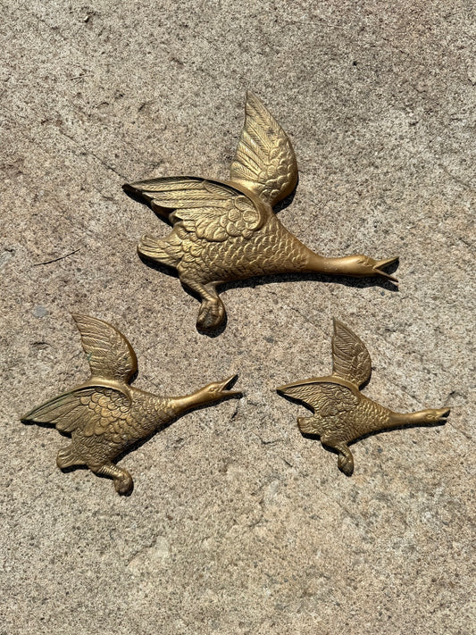 Vintage 1950s Solid Brass "Gaggle of Geese" Wall Hangings | Set of 3