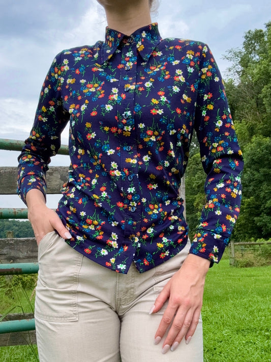Vintage 1970s Navy Floral Printed Button-Up Shirt | Small