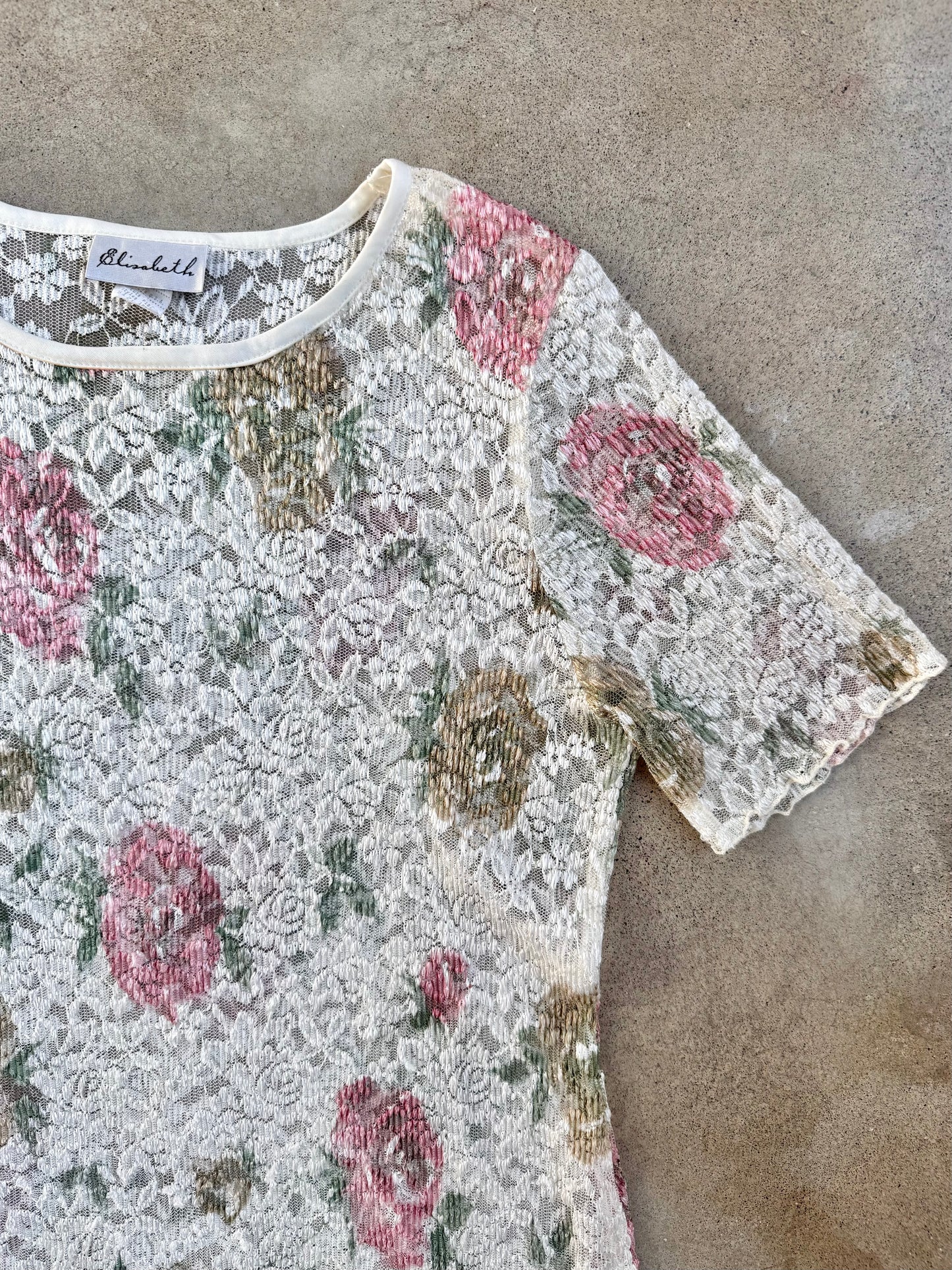 Vintage 1980s Elizabeth Floral Mesh Lace Short Sleeve Mini Dress | L/XL