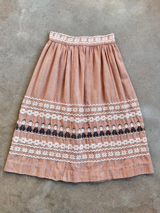 Vintage 1940s Peach Guatemalan Cotton Embroidered Chore Skirt | Waist 28”