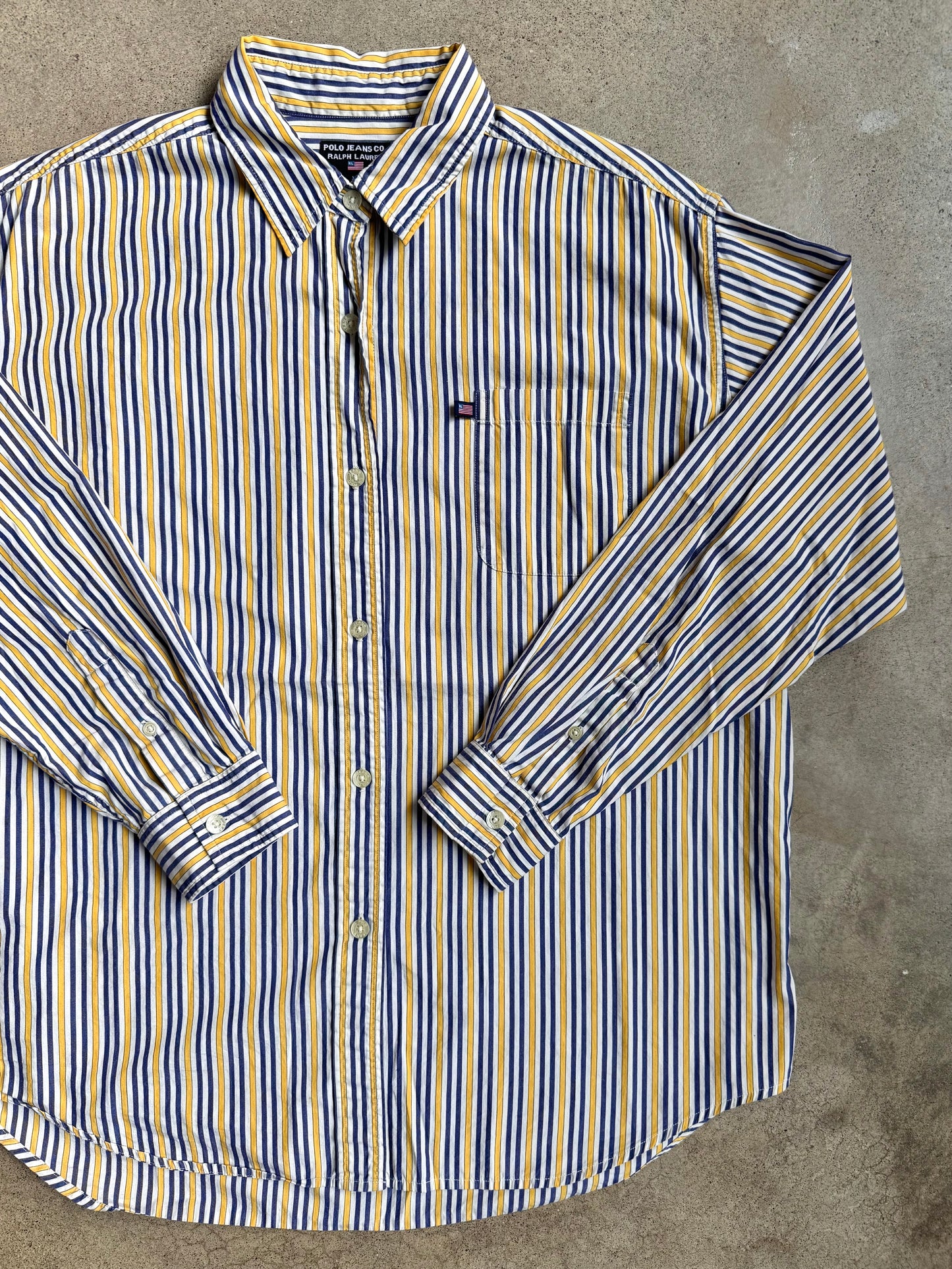 2000s Polo Jeans Co. Blue & Yellow Striped Button-Up Shirt | XL