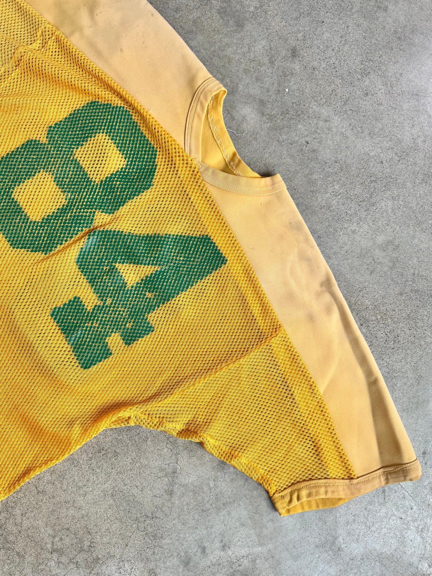 Vintage 1970s Yellow & Green #84 Distressed Mesh Football Jersey | L/XL