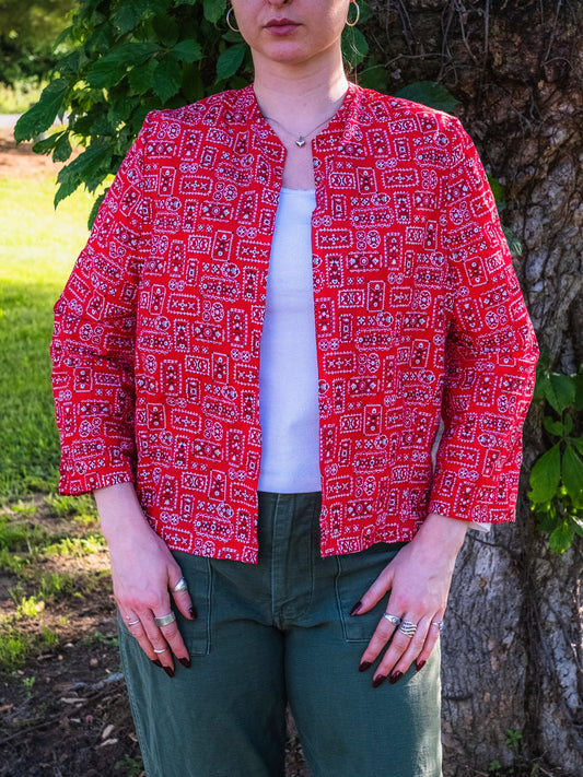 Vintage 1950s Handmade Red Bandana Print Lightweight Cotton Jacket | Medium