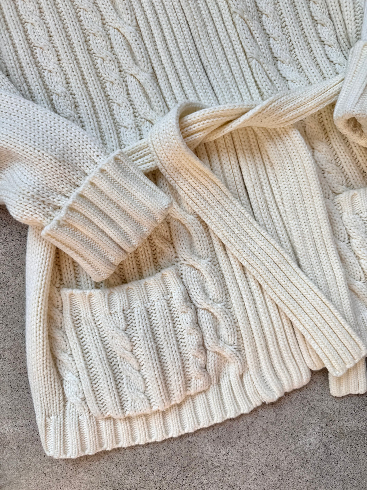 Vintage 1970s San Angelo by Aldo Verdi Cream Cable Knit Tie-Waist Cardigan | Medium